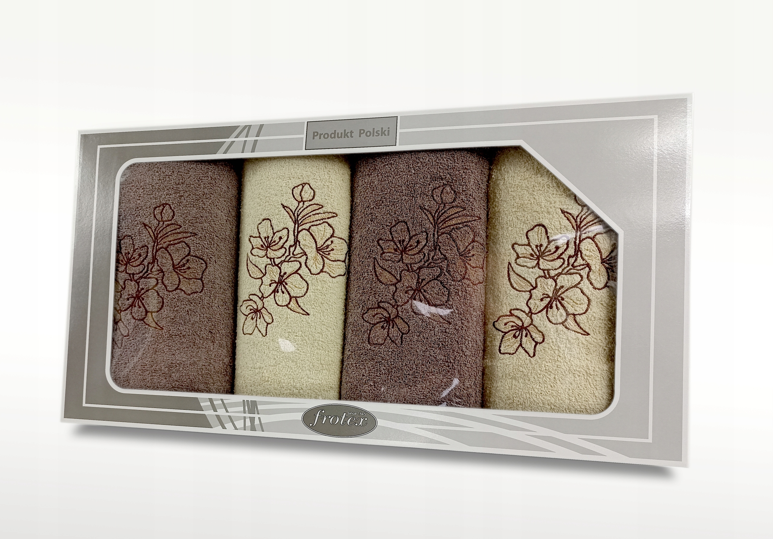 Komplet 4 ręczników 50 70 haftowany Gift II pudełko Greno kremowy brąz w1 Stan opakowania oryginalne