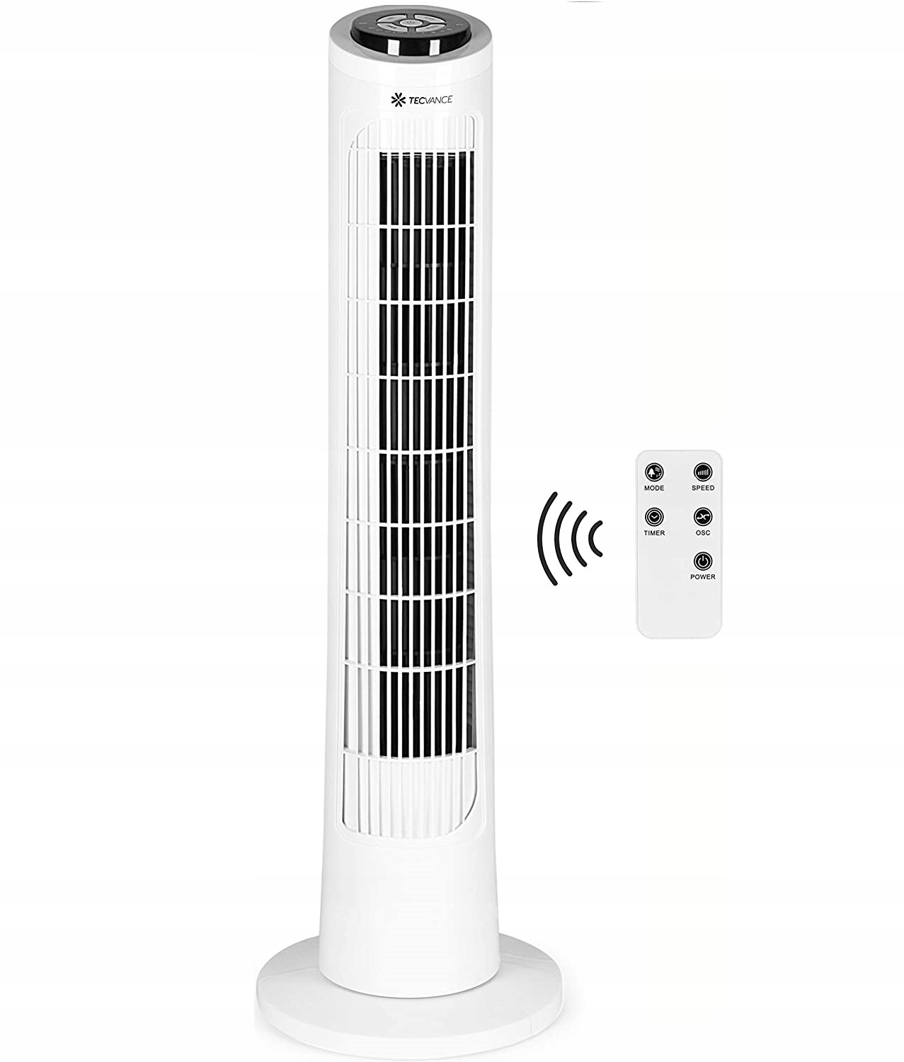 Sloupový Ventilátor s dálkovým ovládáním Tecvance, otočný o 90 stupňů, bílý