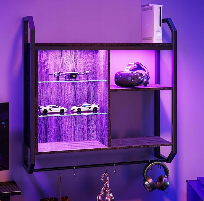 Hanging Kitchen Shelf with Led Lighting Adjustable Glass Shelves – Black