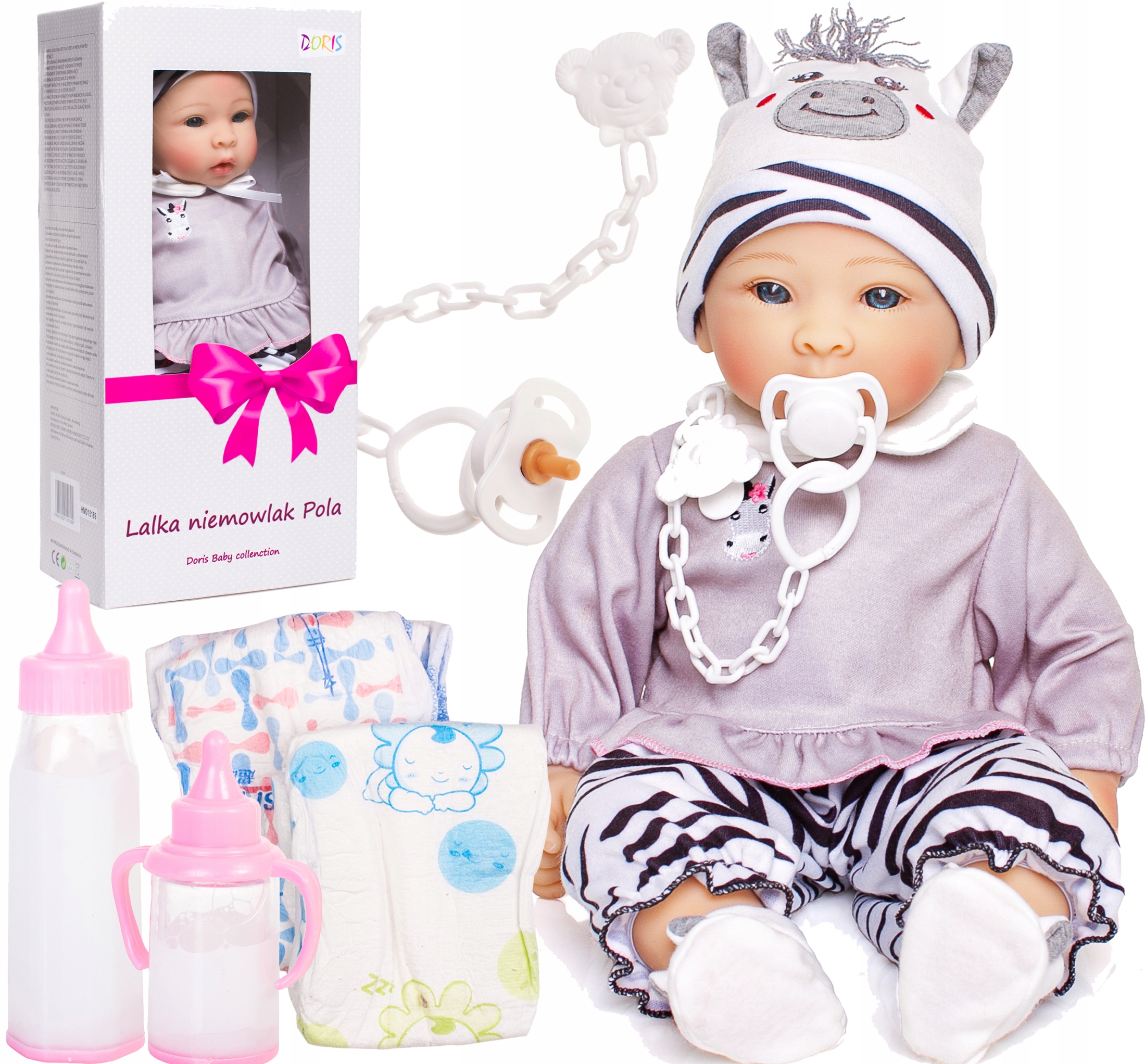 Lalka Niemowlak Pampersy Butelki Smoczek Zestaw