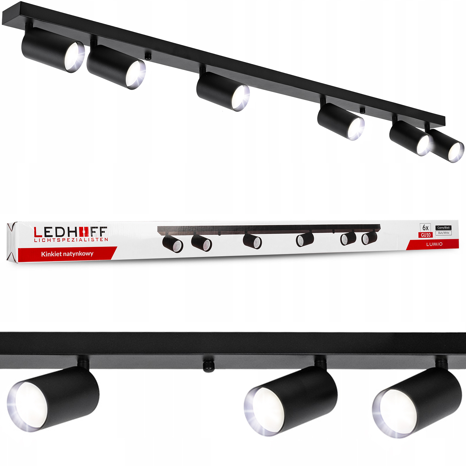 Lampa sufitowa Led czarna Kinkiet regulowany 6x GU10 Spot do salonu Długa