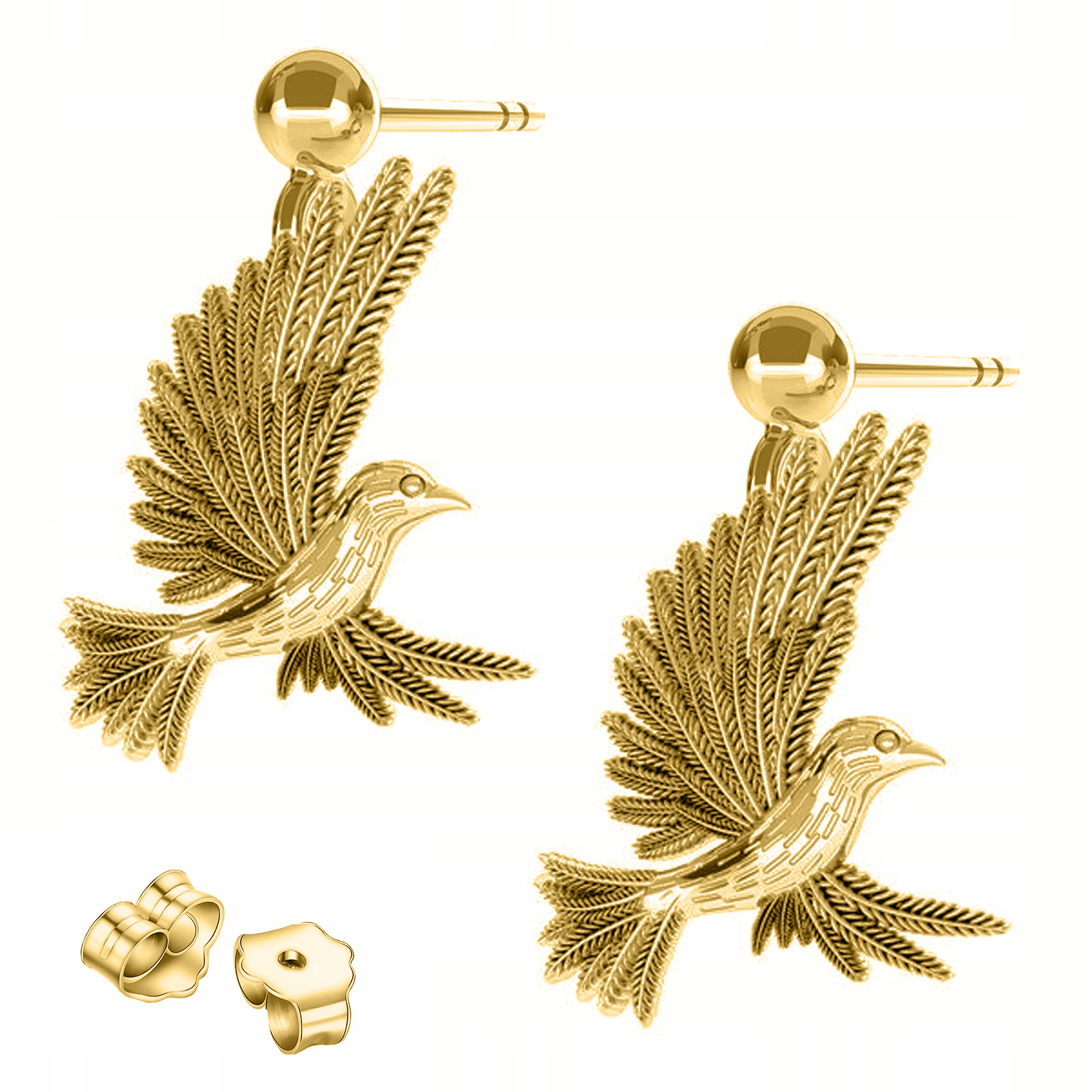 Zlaté Náušnice s kolibříkem Pták Kiwi Bird Ptáci Kolibříci Stříbro 925