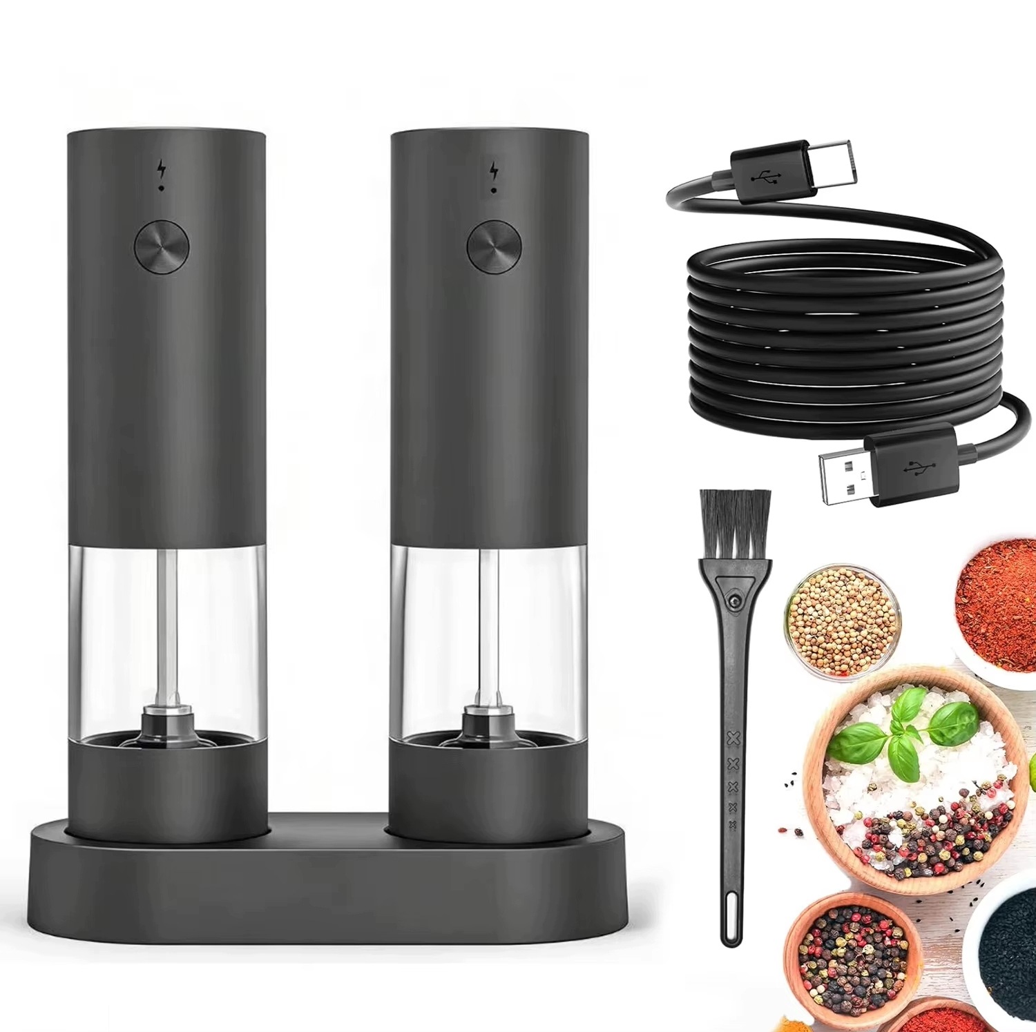 Elektrický mlýnek na mletí pepřové soli s podstavcem, nabíjecí, 2 ks, Usb