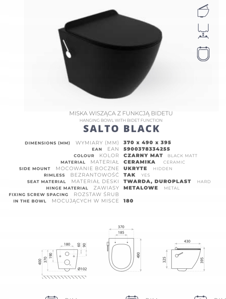 Zestaw stelaż podtynkowy miska WC z funkcją bidetu 2w1 CZARNY MAT ZŁOTY Informacje o bezpieczeństwie CE