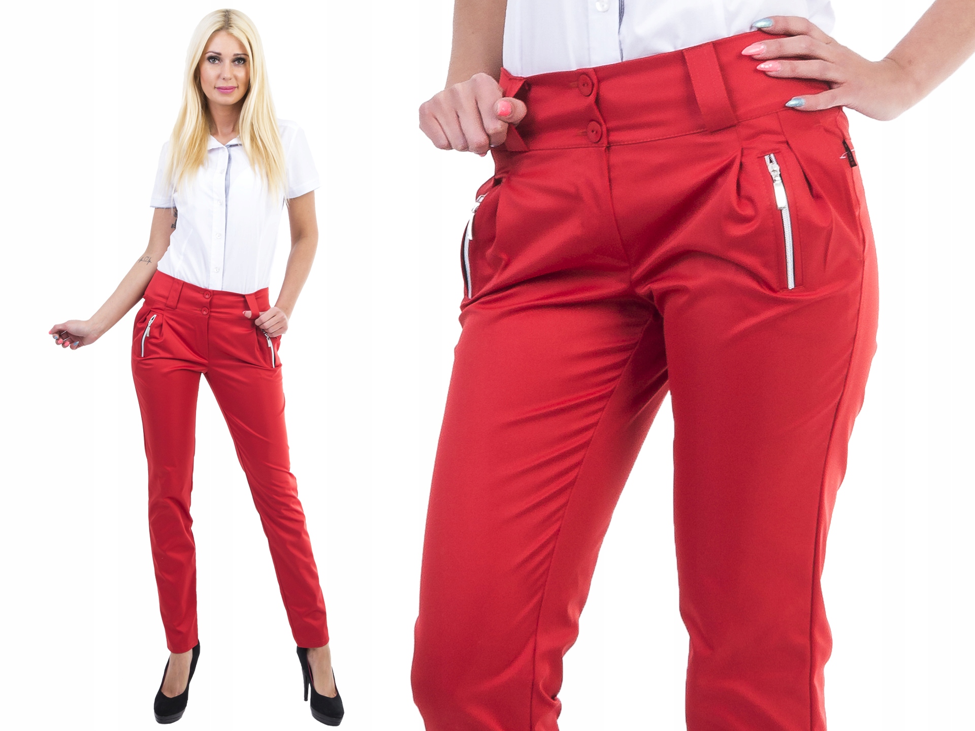 

S102 Spodnie Alladynki Z Zamkami Czerwone r 36