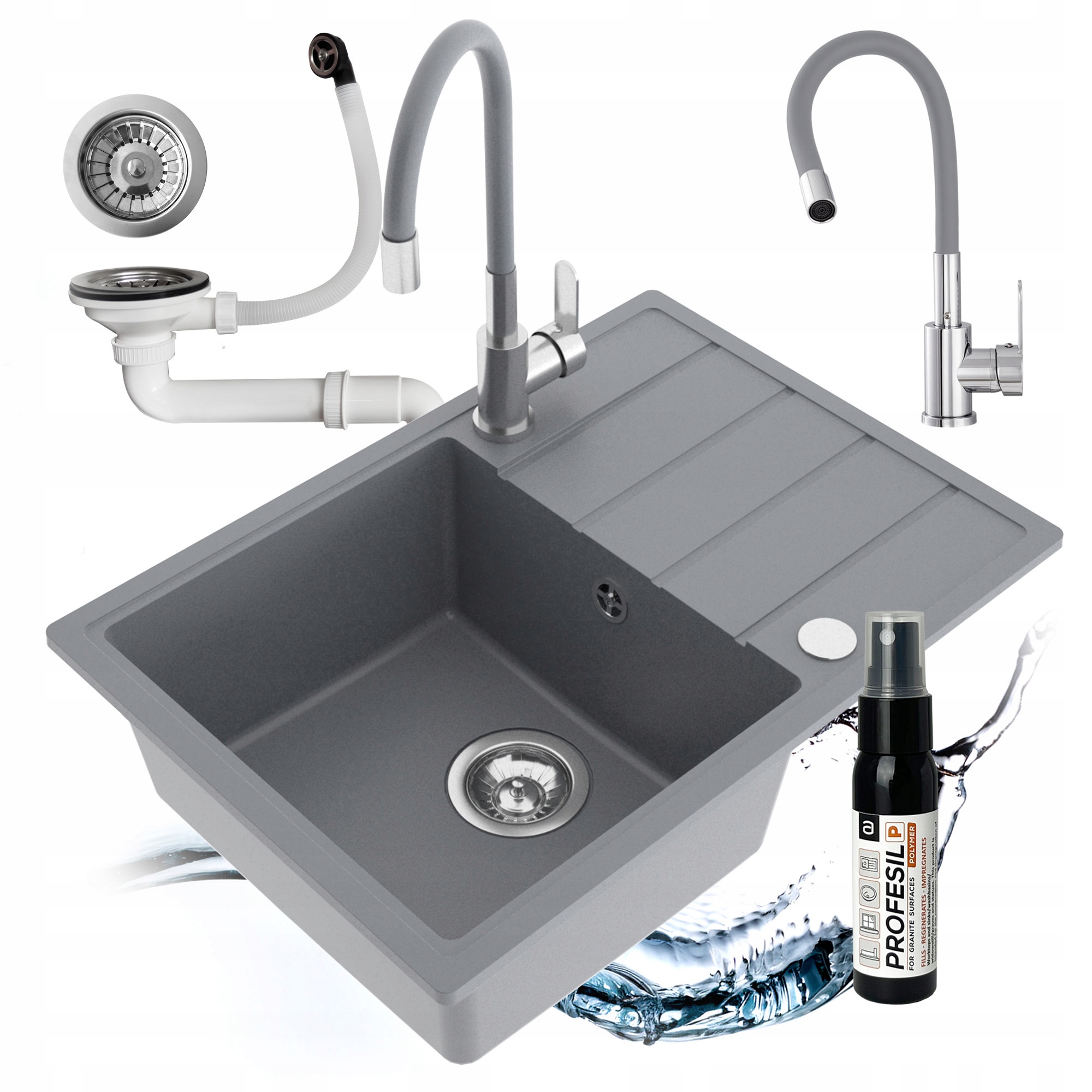 Granitový Drez Jednokomorový Metro Sada Batérií Flexibilný Sifón