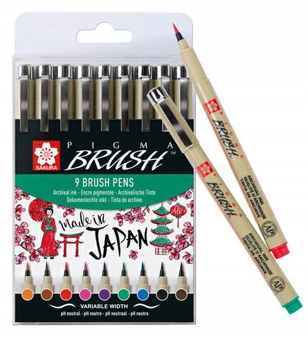 Sada 9 tenkopisů Pigma Brush Barva