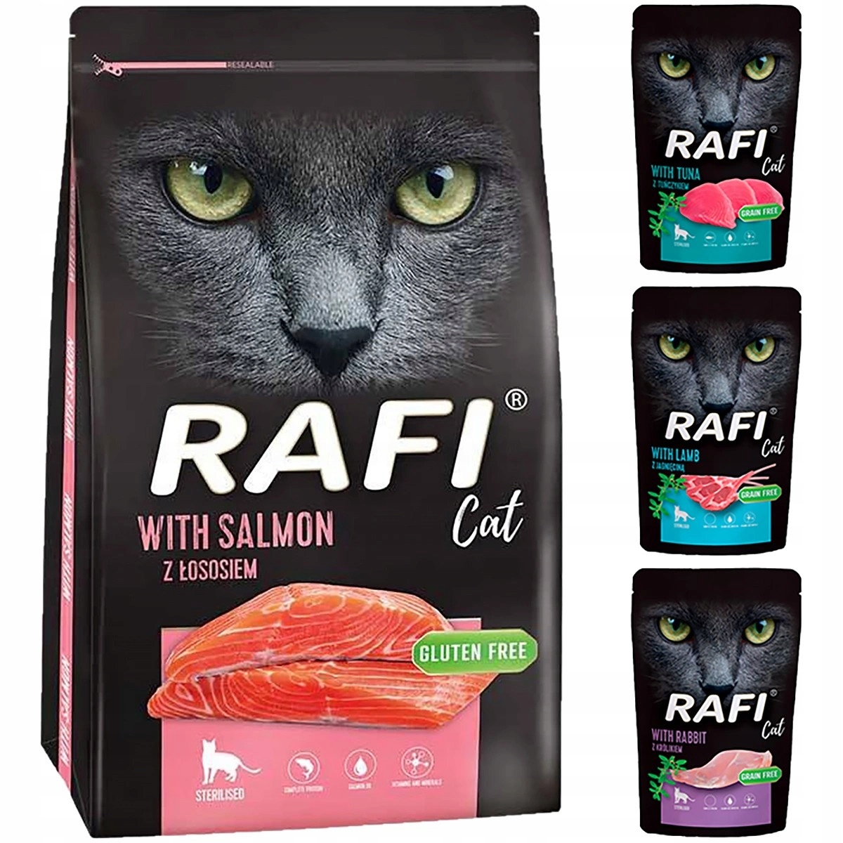 Sada krmiv pro kočky po sterilizaci Rafi Mix, mokrá příchuť 30 x 100 g, suché krmivo 7 kg