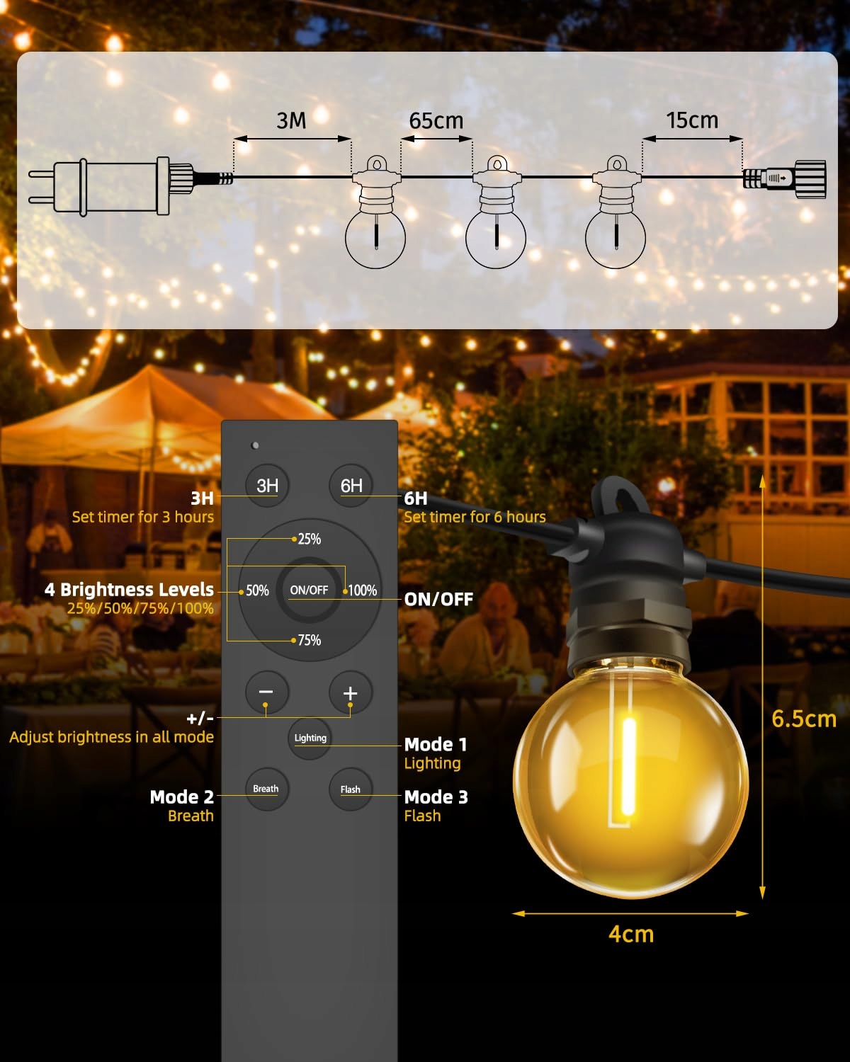 BOWFAR Lampa Zewnętrzna 15M G40 Żarówki IP68 Dimmable na Balkon Ogród — miniatura 7