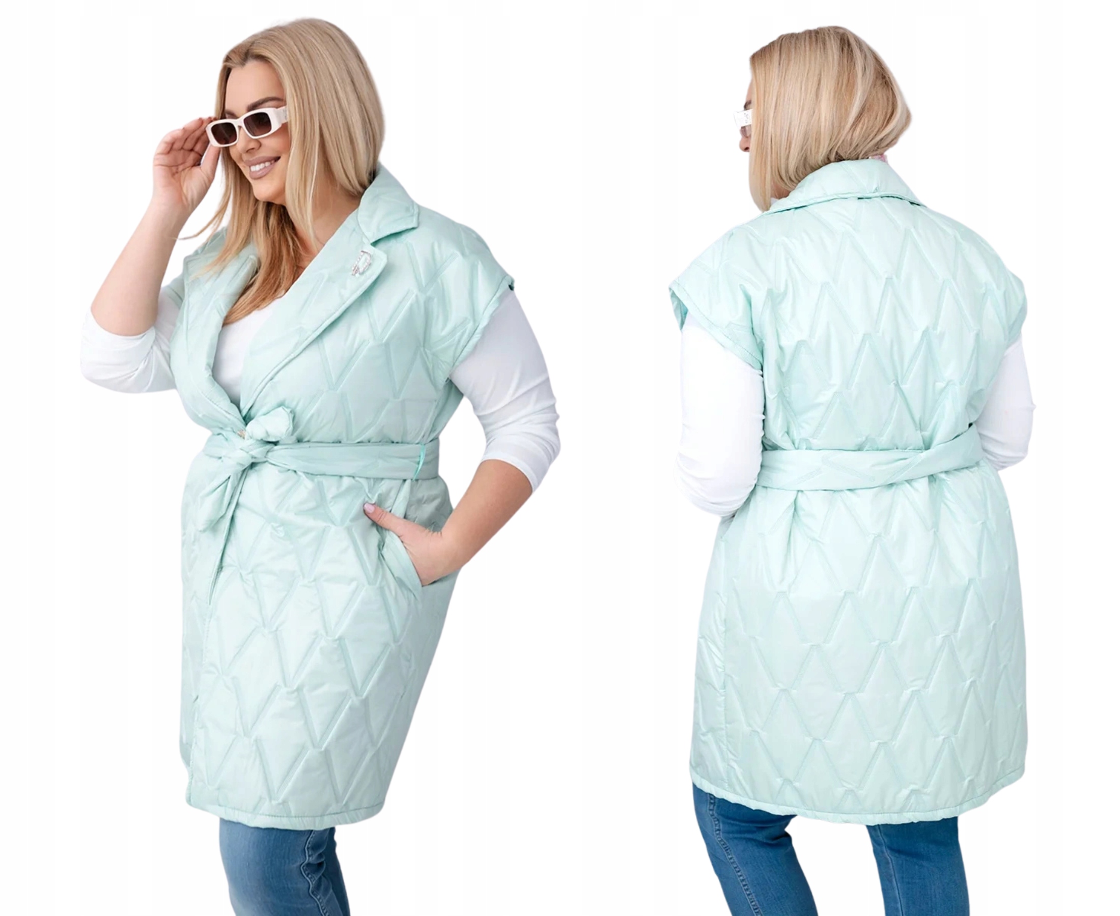 Mátová dámská vesta Plus Size je elegantní prošívaná s páskem