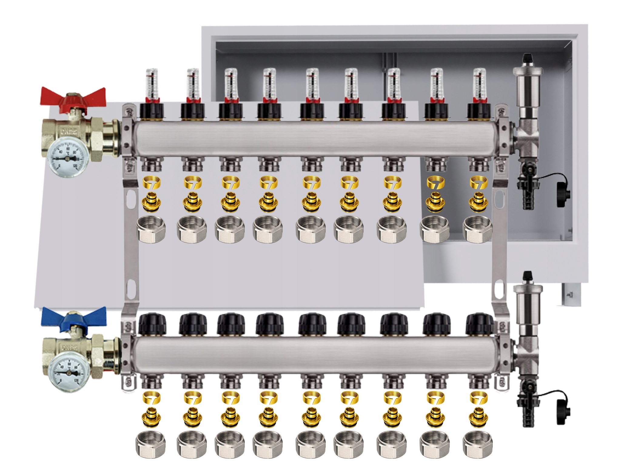Rozdělovač nerezový Podlahové krytiny 9 okruhů Podomítková skříňka Pex