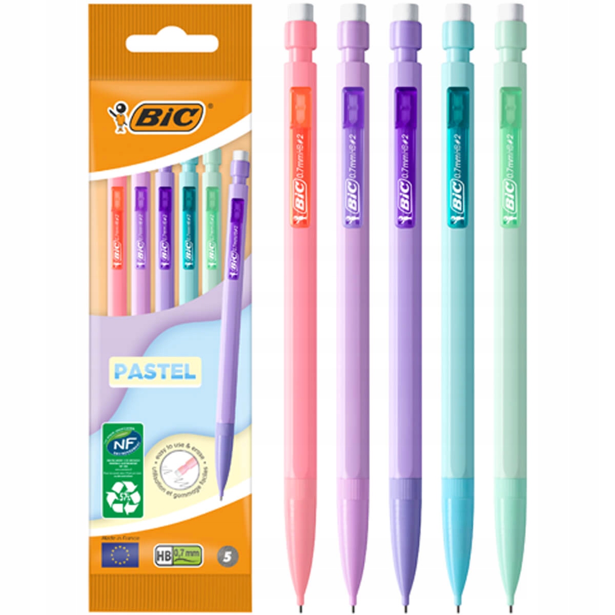 5X OŁÓWEK AUTOMATYCZNY BIC MATIC PASTEL Z GUMKĄ B. WYTRZYMAŁY, MIX kolorów