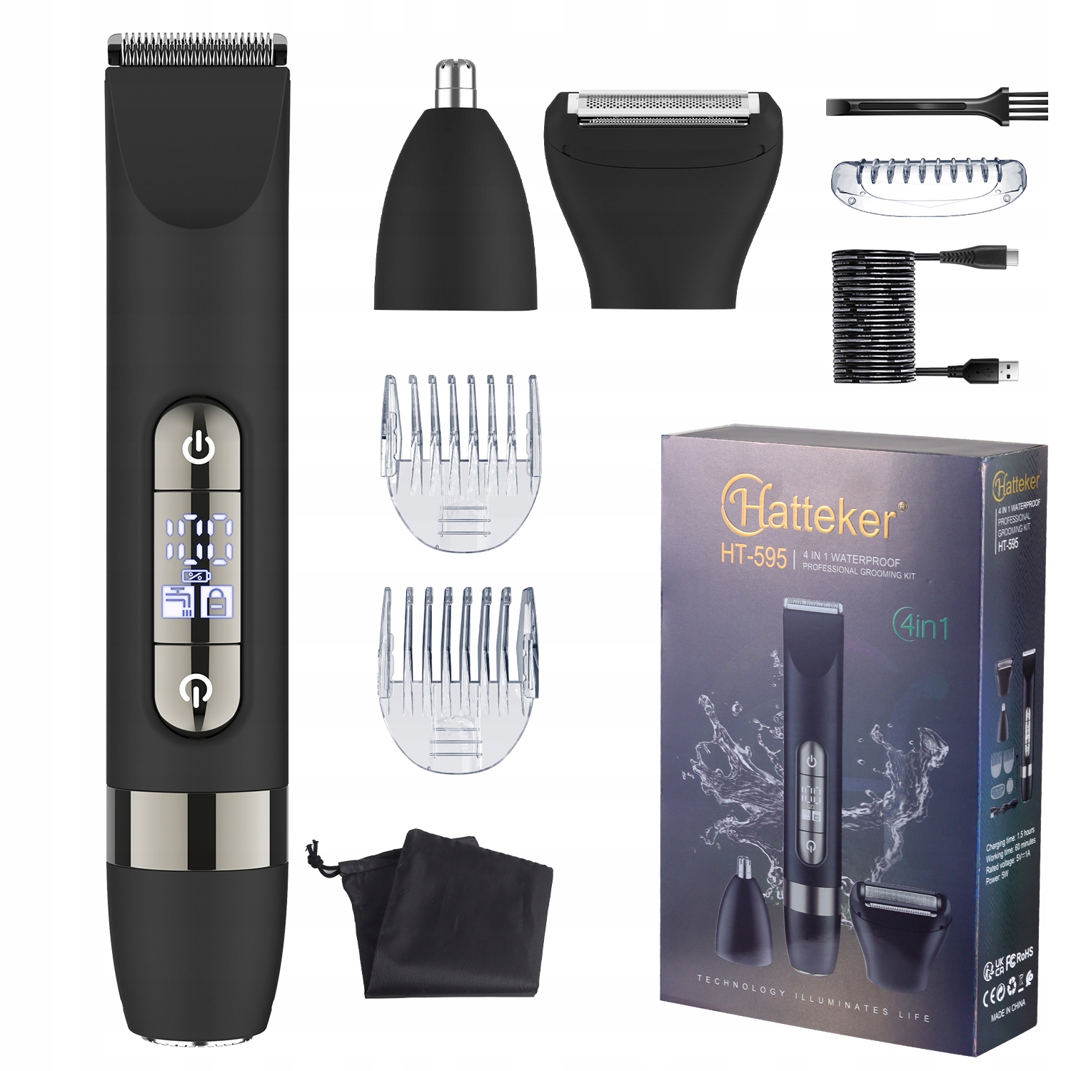 Zastřihovač vousů Hatteker HT-595, 4v1: Zastřihovač na obličej, nos a uši
