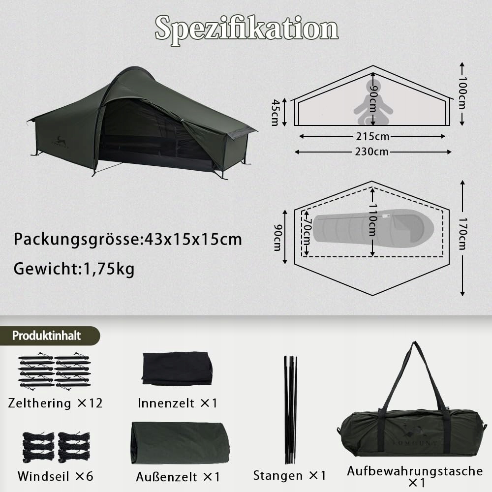 TOMOUNT Namiot Bivy Ultralekki 1 Osobowy Wodoodporny Campingowy — miniatura 6