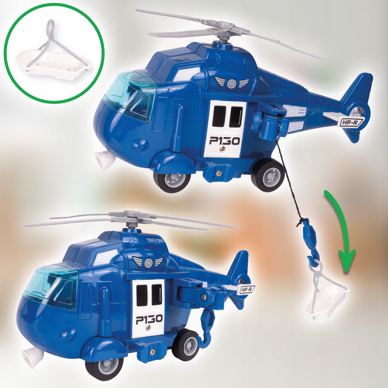 LAWETA POLICYJNA 1:16 ŚWIATŁO DŹWIĘK RUCHOME ELEMENTY HELIKOPTER AUTO Wysokość produktu 21 cm