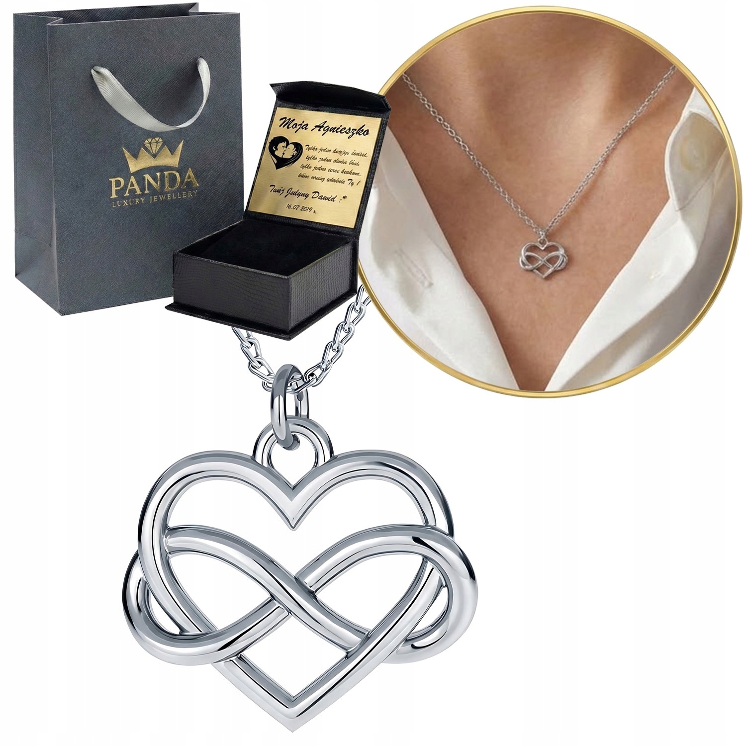 Stříbrný náhrdelník 925 Srdce Nekonečno Gravírování Dárek Valentýna