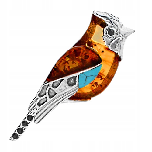 Stříbrná Brož Sójka ptáček z baltský jantar Turkus stříbro Ag 925