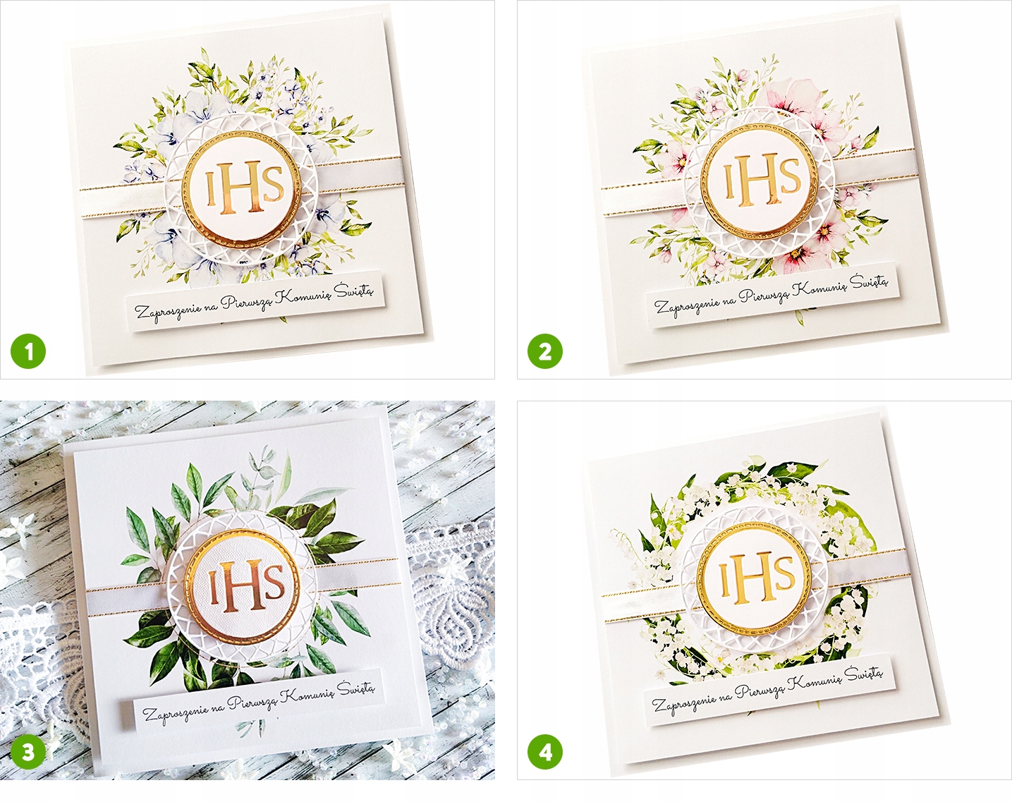 Zaproszenia 3D na KOMUNIĘ (komunijne) - AKWARELE + ZŁOTO (personalizowane) Kolor biały