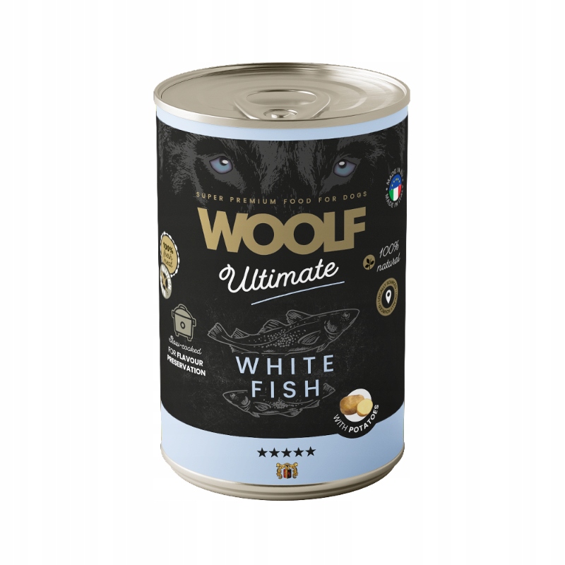 Levně Woolf Ultimate Plechovka Vlhké krmivo pro psy adult Bílá Ryba Brambora 12x400g