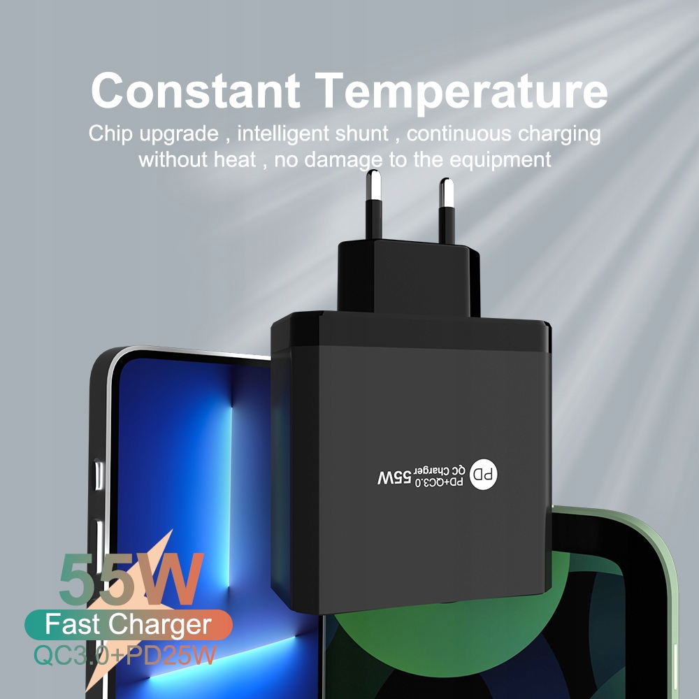 MOCNA SZYBKA UNIWERSALNA ŁADOWARKA SIECIOWA 55W PD+QC 3.0 USB x3 + USB-C x3 Stan opakowania oryginalne