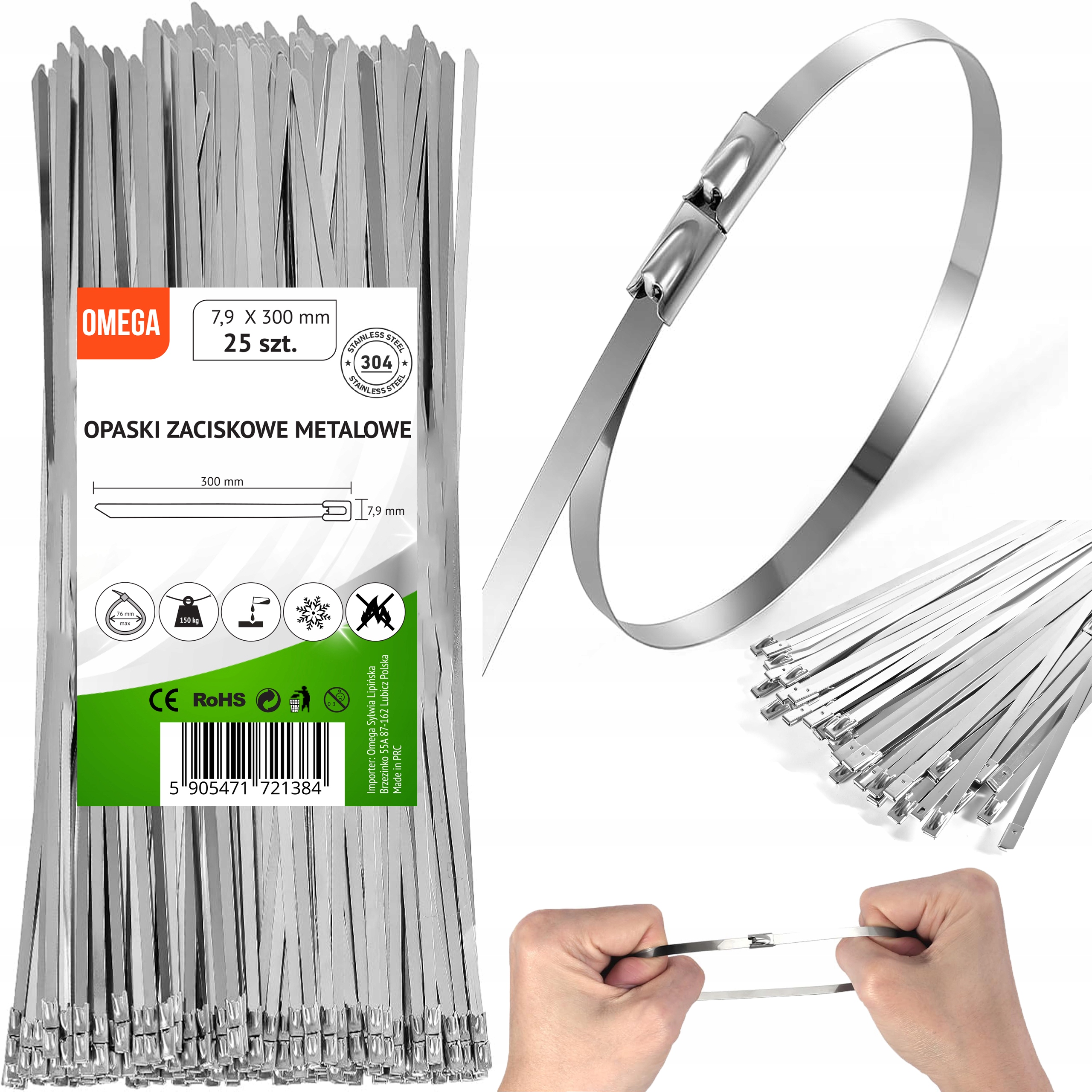 Opaski zaciskowe metalowe stalowe 7,9x300 25szt Stal Nierdzewna Aisi 304