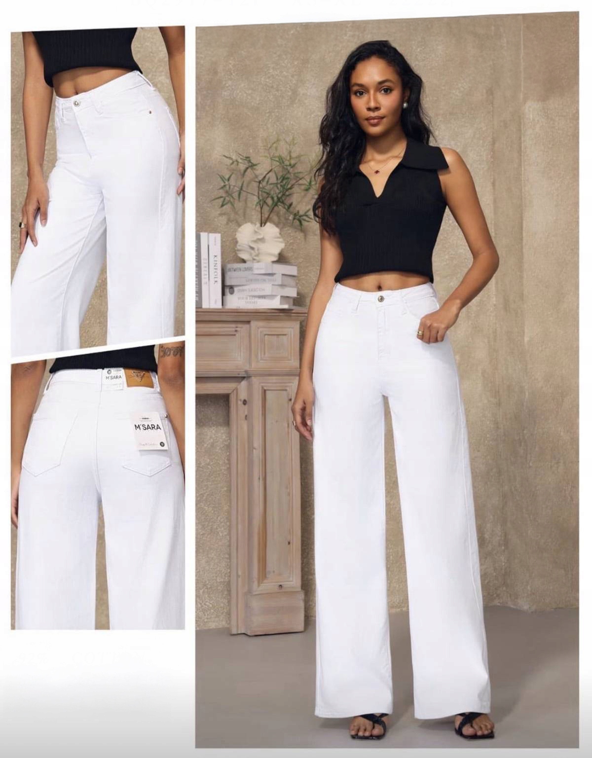 M.Sara Modne Damskie Spodnie Jeansowe Białe Wysoki Stan Szwedy Wide Leg