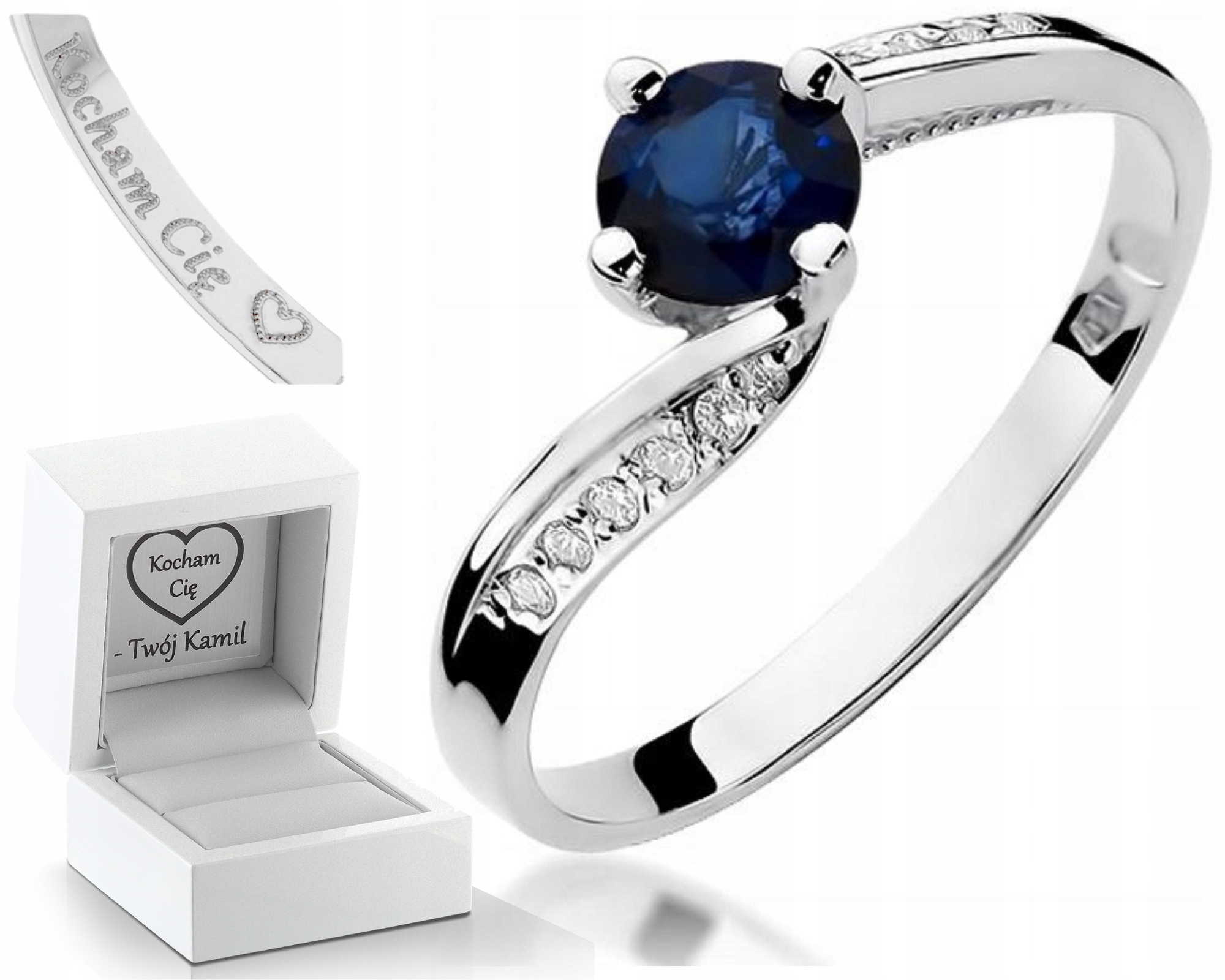 Prstýnek Safír A Brilianty Bílé Zlato Gravírování