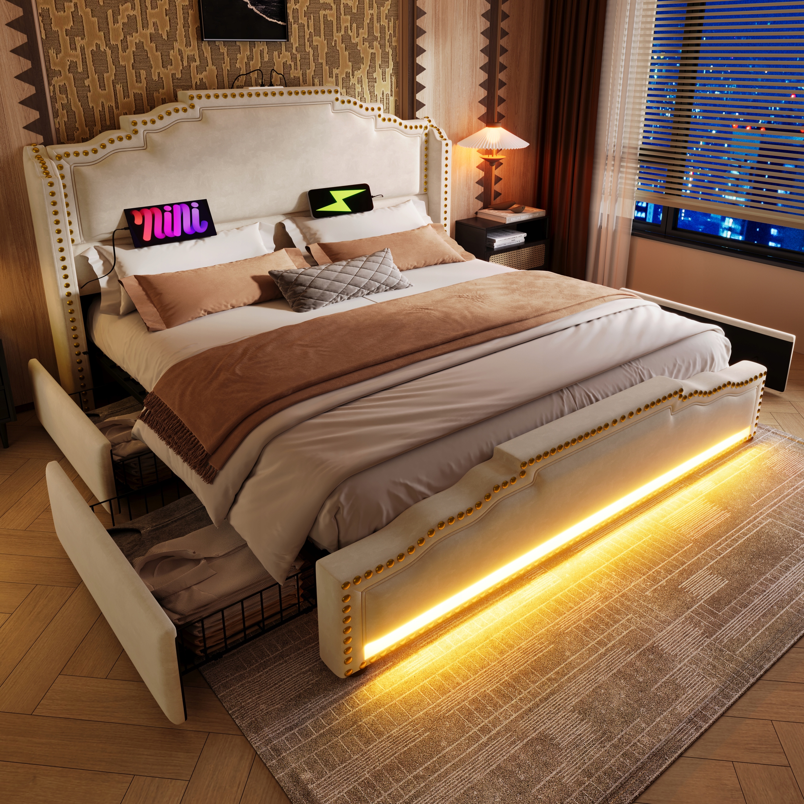 Čalouněná postel, dvoulůžko 4 zásuvky 140x200 cm Usb-c Led Béžová