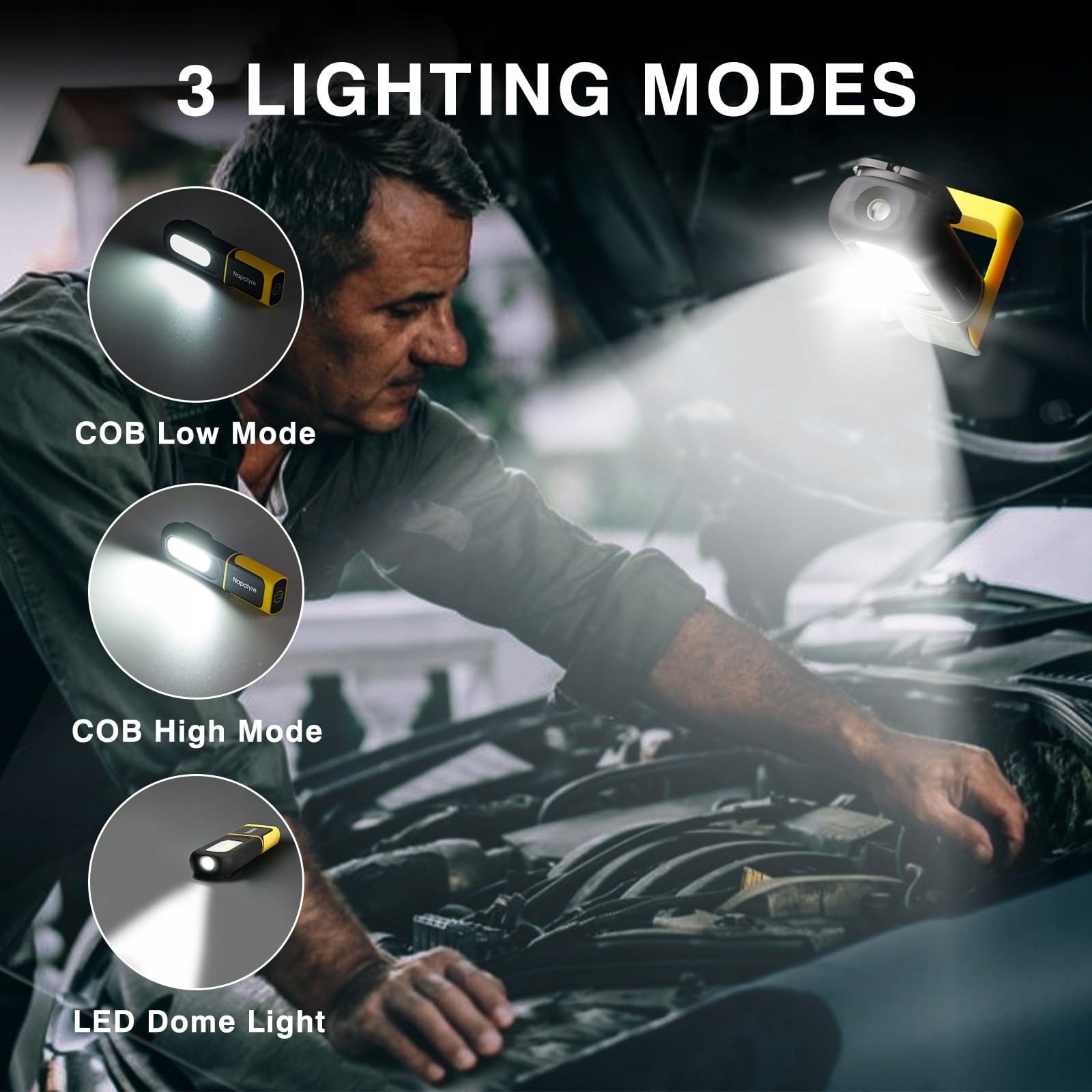 NAPATYRE Lampa LED Akumulatorowa 800LM Magnes Podstawa 360° 3 Tryby — miniatura 3