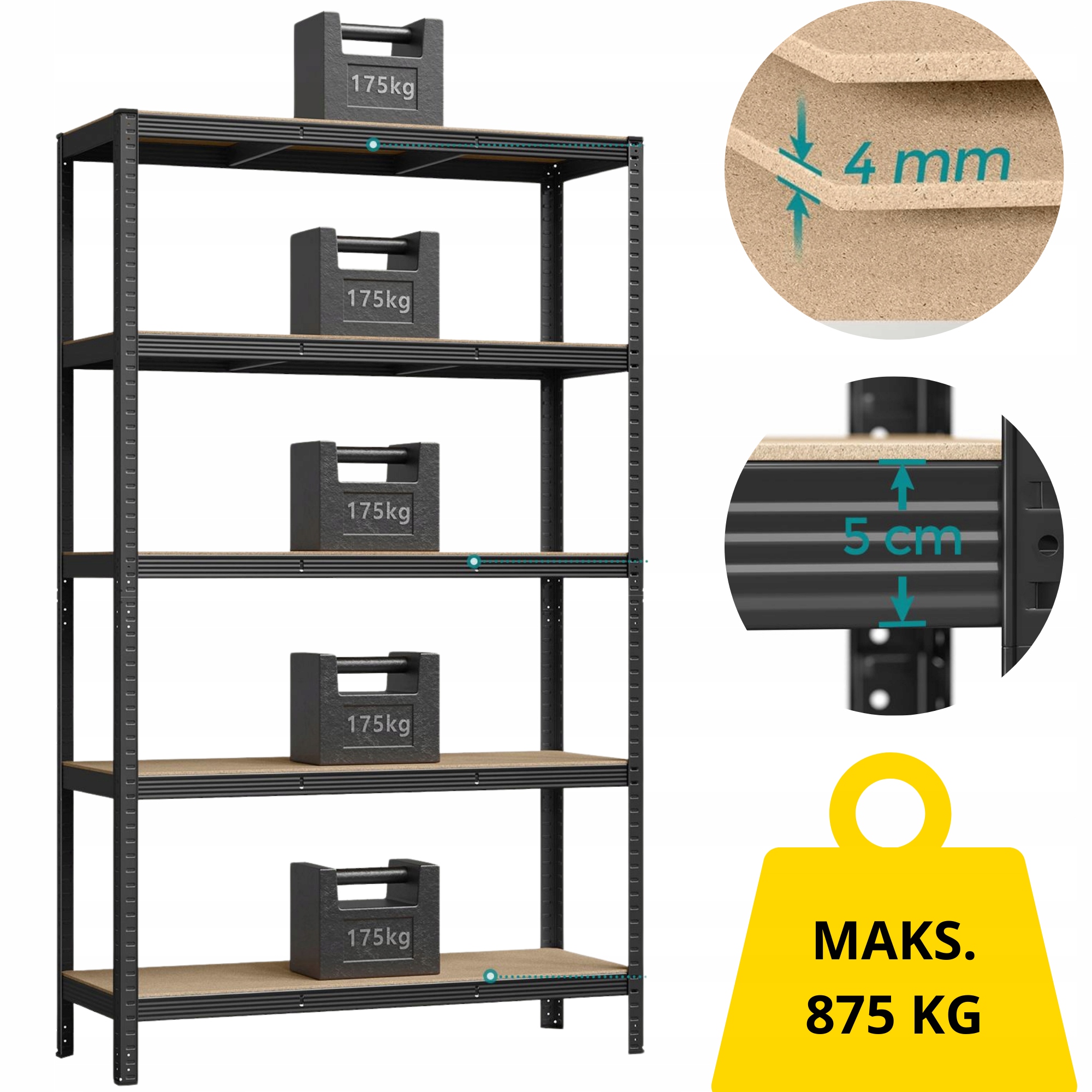 Skladovací regál pre vysoké zaťaženie Kovový 60x120x200 cm max 875 kg 5 Políc