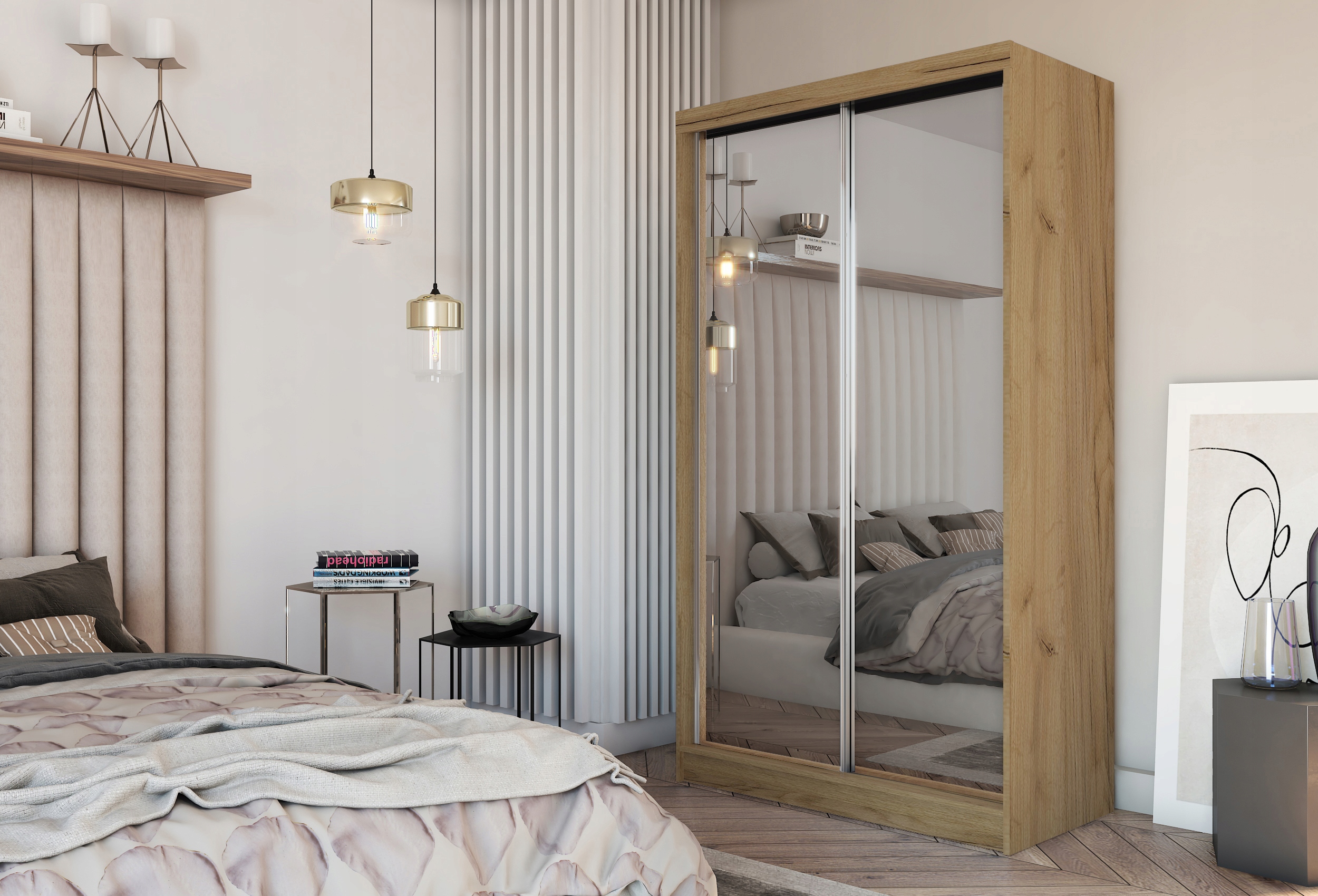 Skříň Posuvná Bellina 120 cm se zrcadlem Zásuvky Dvoudveřová Dub Artisan