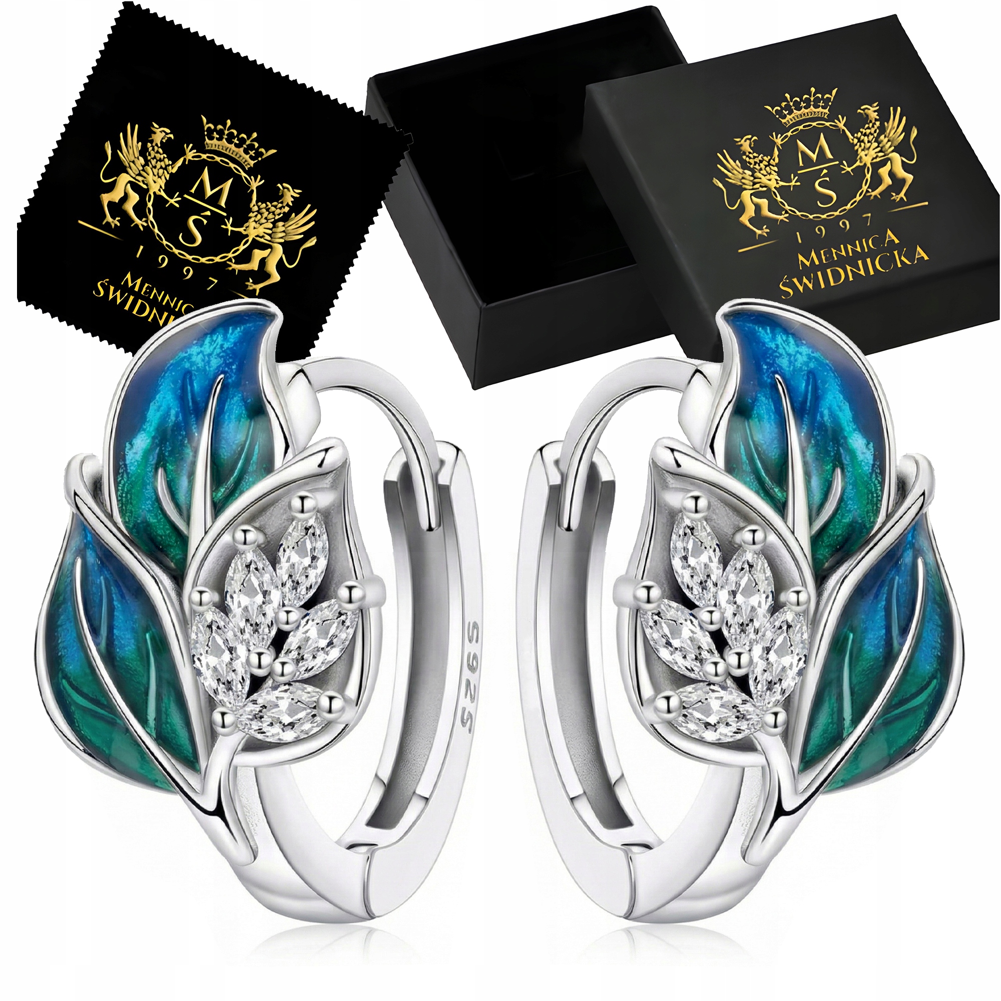 Srebrne Kolczyki Kreol Srebro 925 Liście z Cyrkoniami Styl Natury Grawer