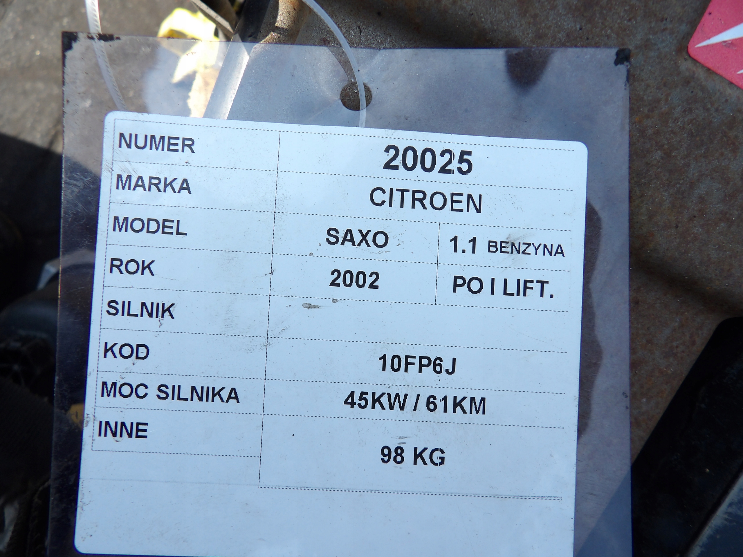 Citroen Saxo 1,1B 45KW 61KM engine complete HFX 10FP6J