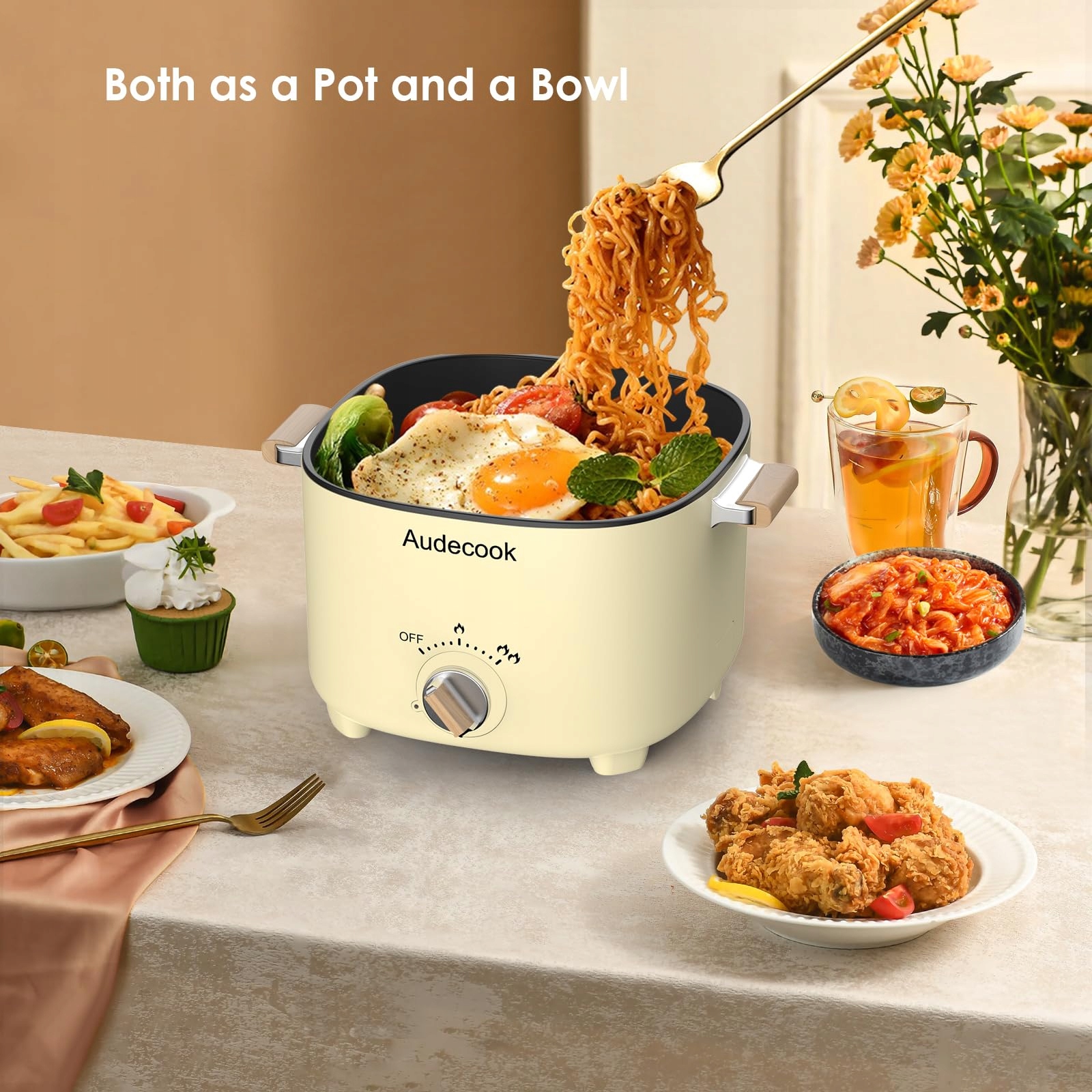 AUDECOOK Elektryczny Garnek 2,5L Przenośny Multicooker dla 1-3 Osób Beżowy — miniatura 4