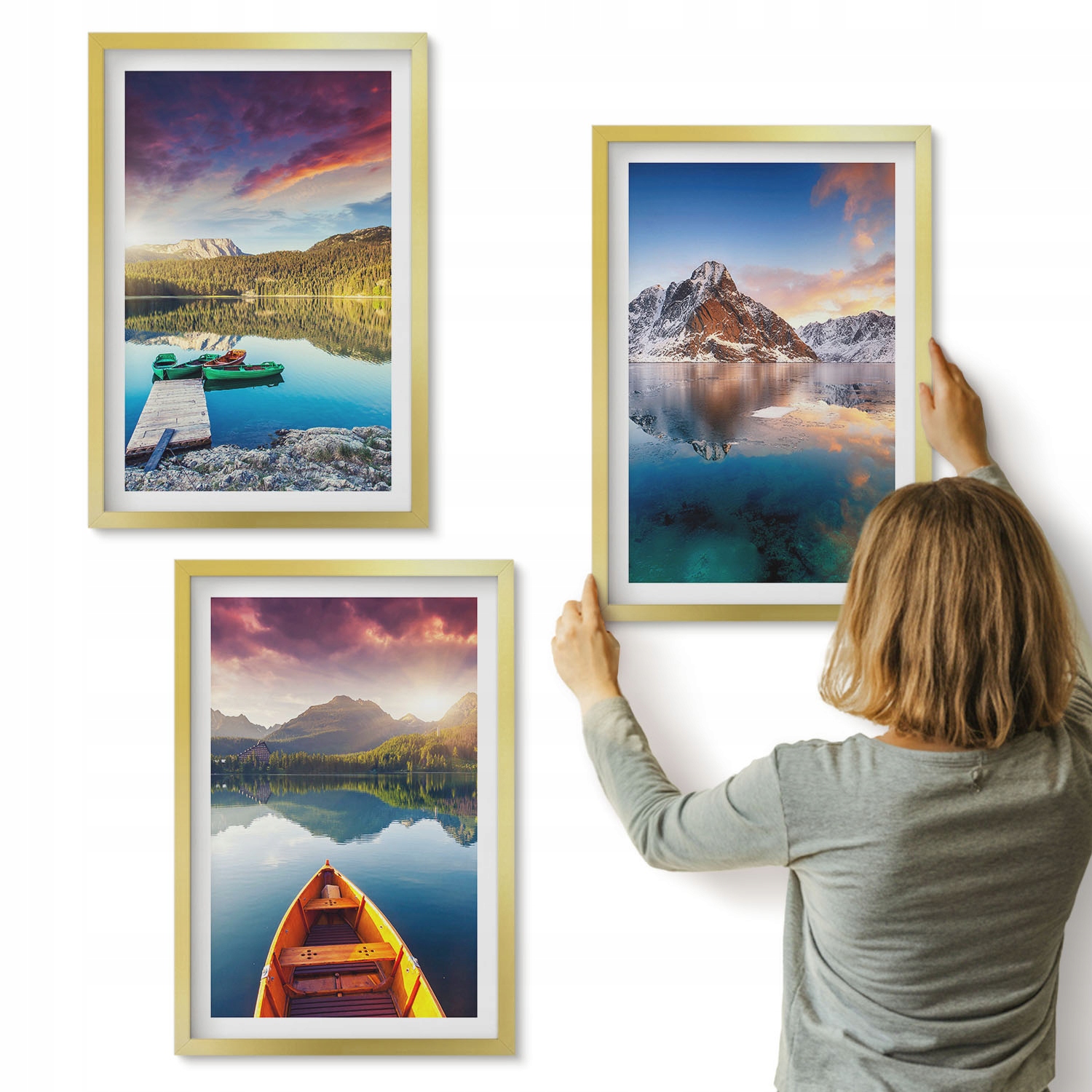 Nástěnné obrazy do ložnice sada 3 ks 40x60 cm Jezera hory loď klid
