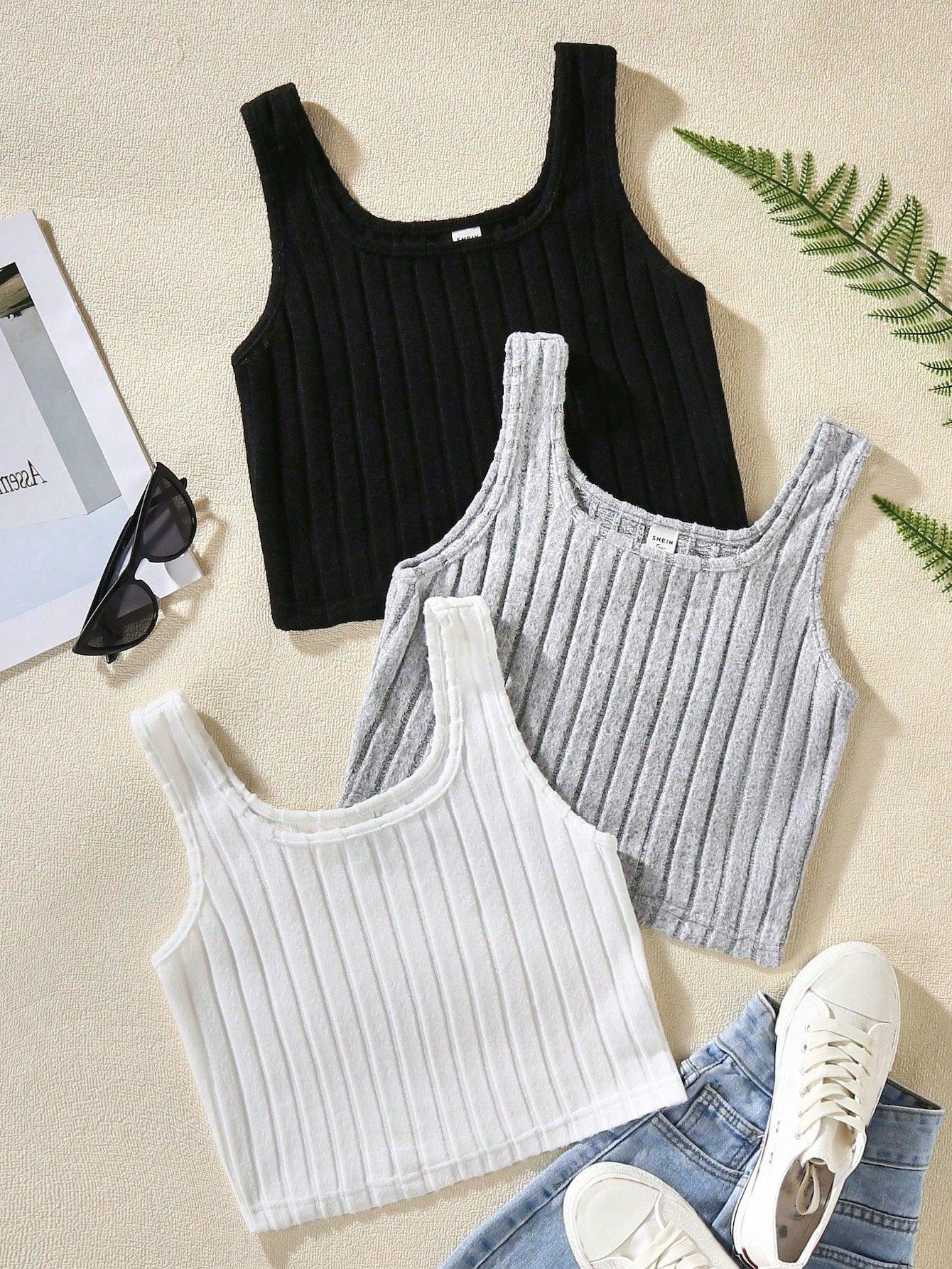 KOMPLET 2 SZT TOPY CZARNY SZARY GŁADKIE PRĄŻEK DOPASOWANE PROSTE SHEIN 158