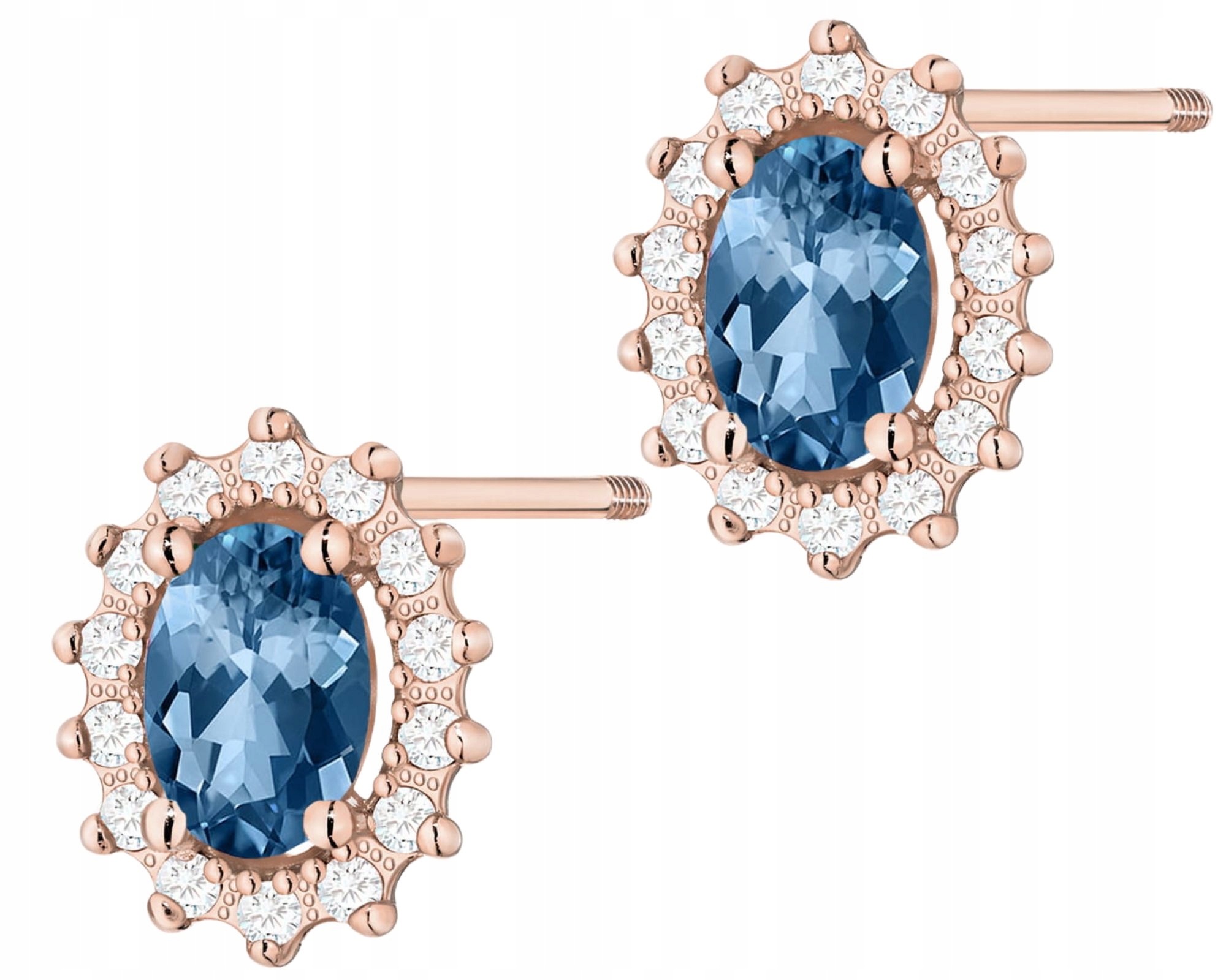 Růžové Zlato Náušnice S Topazy London Blue A Brilianty, Šroubovací Tyčinka