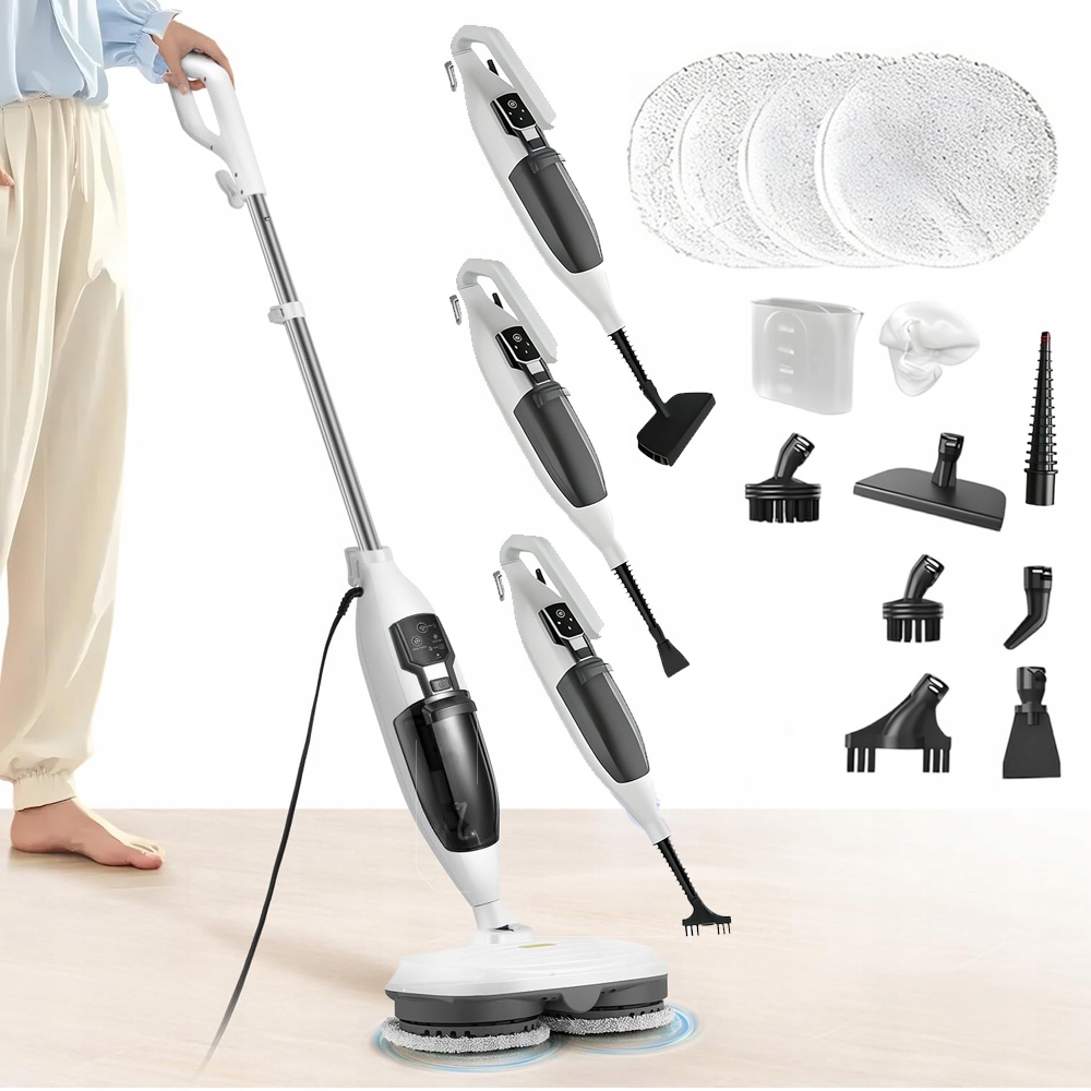 10W1 Mop Parowy Wielofunkcyjny Myjka Parowa 1300W Akcesoria Zestaw Biały