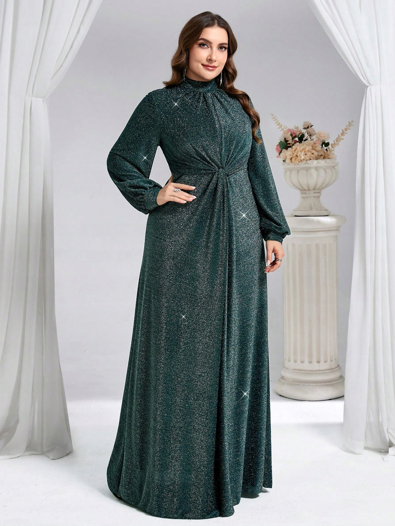 Shein Lesklé Šaty S Dlouhým Rukávem A Stojáčkem Plus Size 46 1 Ma