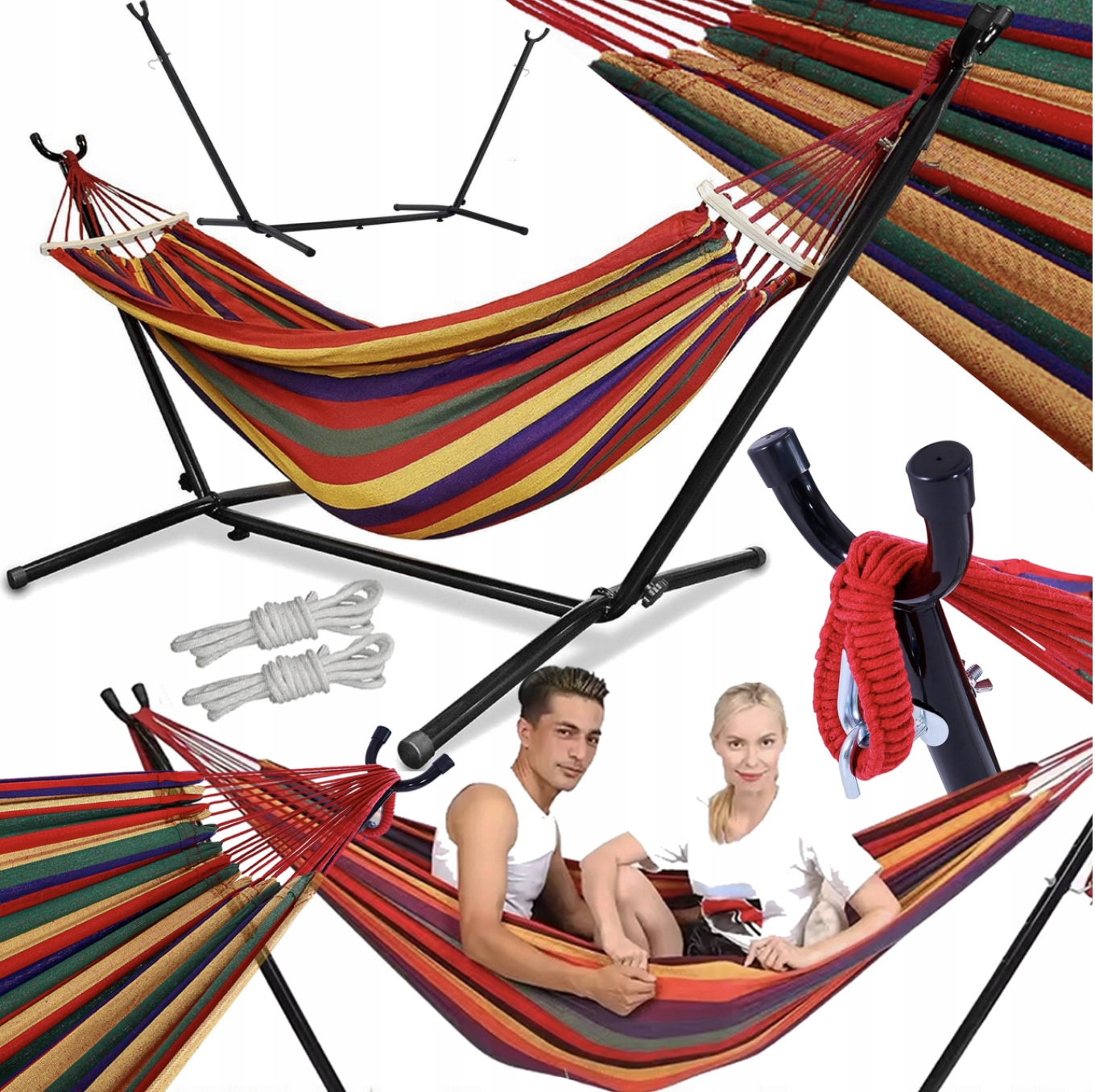 Hamak Ogrodowy Ze Stelażem Zestaw XXL Stojak Kemping Taras Balkon 150kg