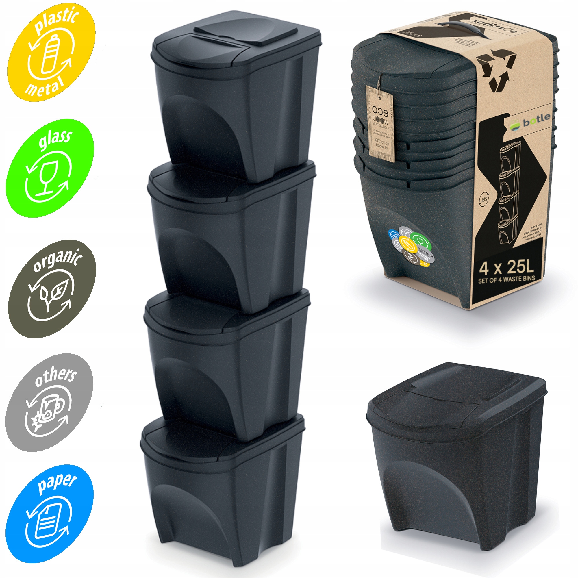 Levně Koš Na Třídění Odpadků Set 4x25 L Na Odpad Antracitový Eco