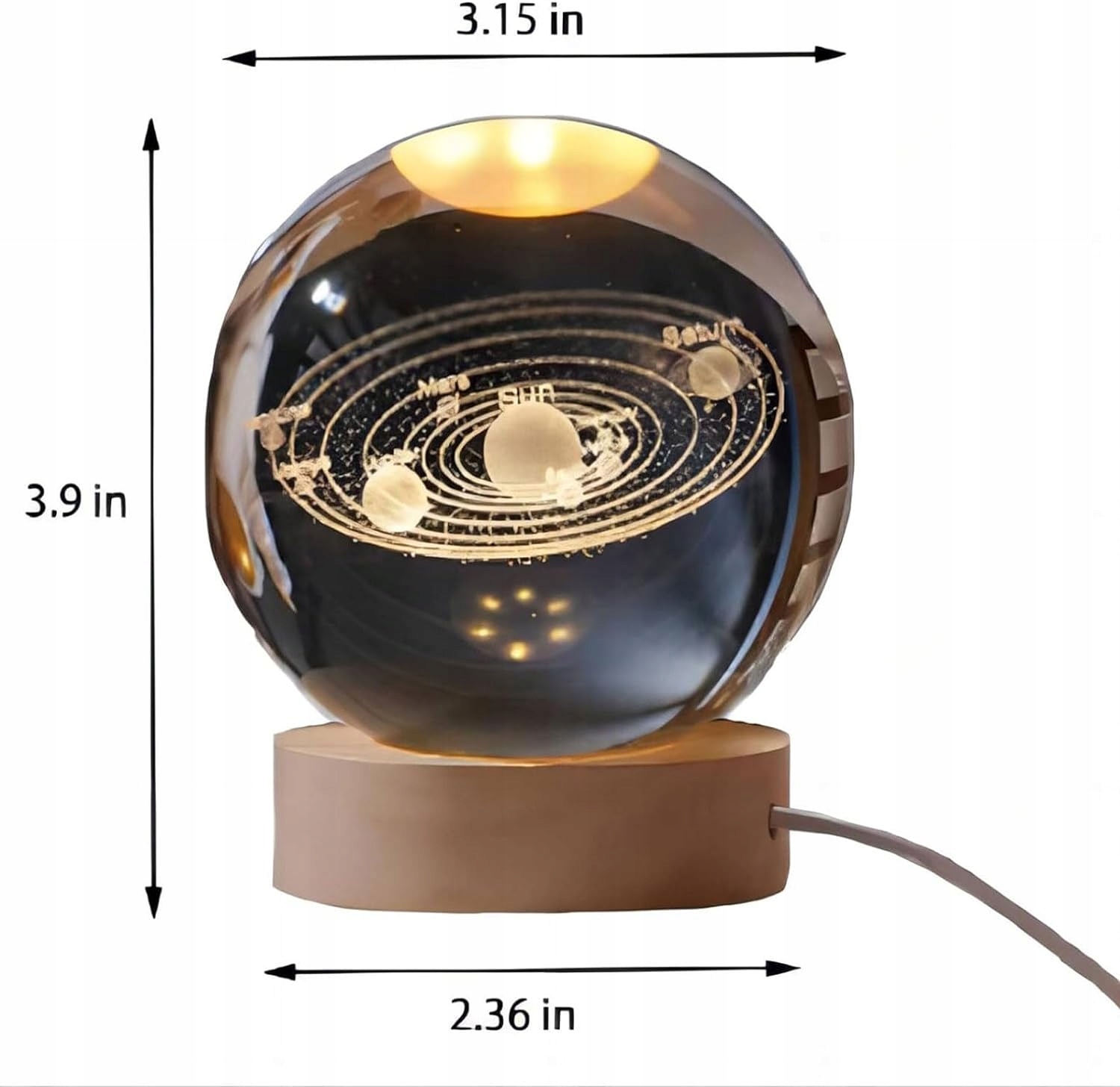 KRYSZTAŁOWA KULA 16 KOLORÓW 4 TRYBY ŚWIECENIA USB RGB + DREWNIANA PODSTAWA Długość/wysokość 8 cm