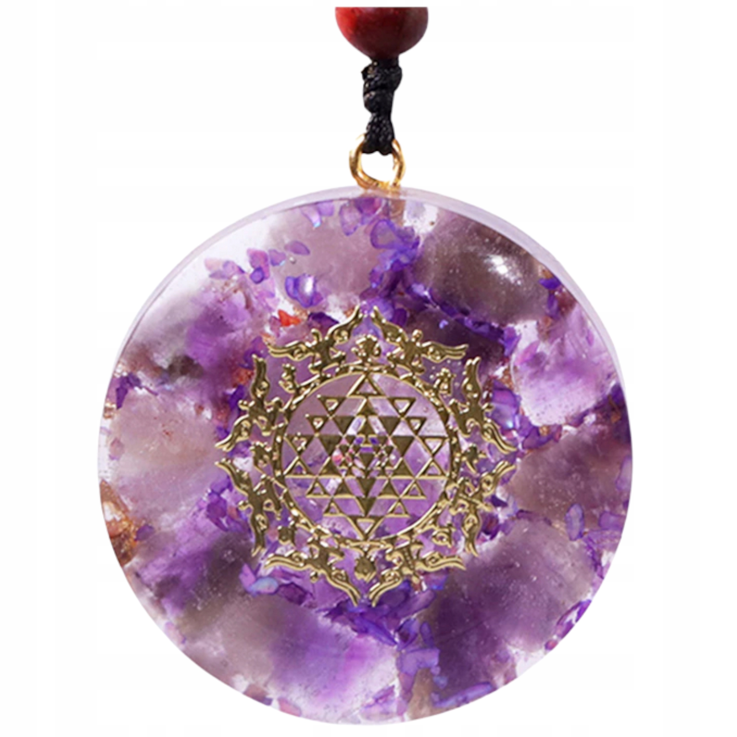 Śliczny Naszyjnik Z Żywicy Wisior Orgonit Ametyst Muszla Sri Yantra Czakry