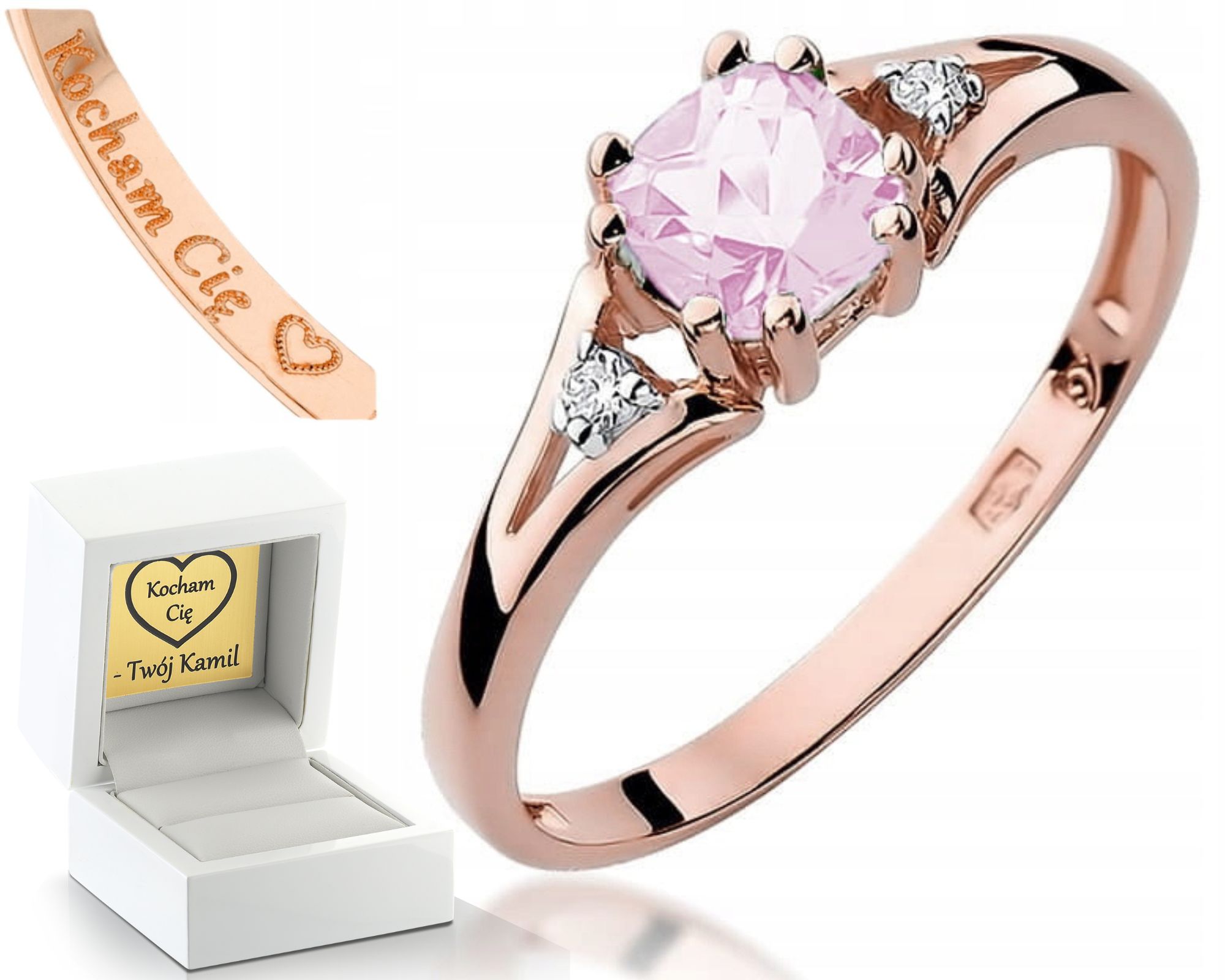 Prstýnek Prsten Z Růžového Zlata S Diamanty S Růžovým Topazem Gravírování 585