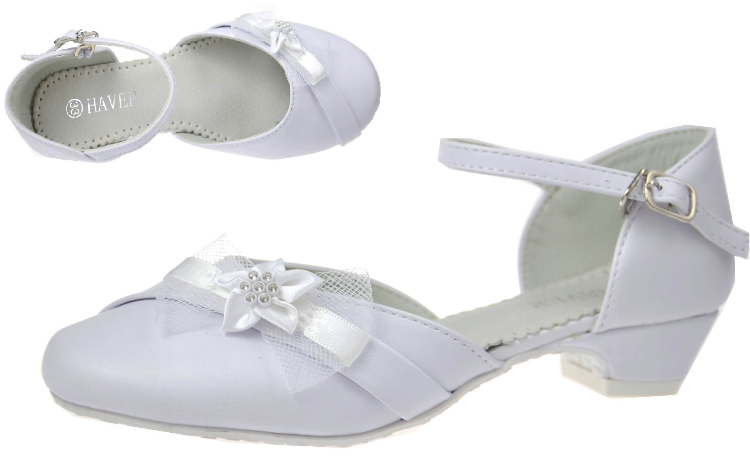 PANTOFELKI Komunijne Mały obcas Cyrkonie BIAŁE r31