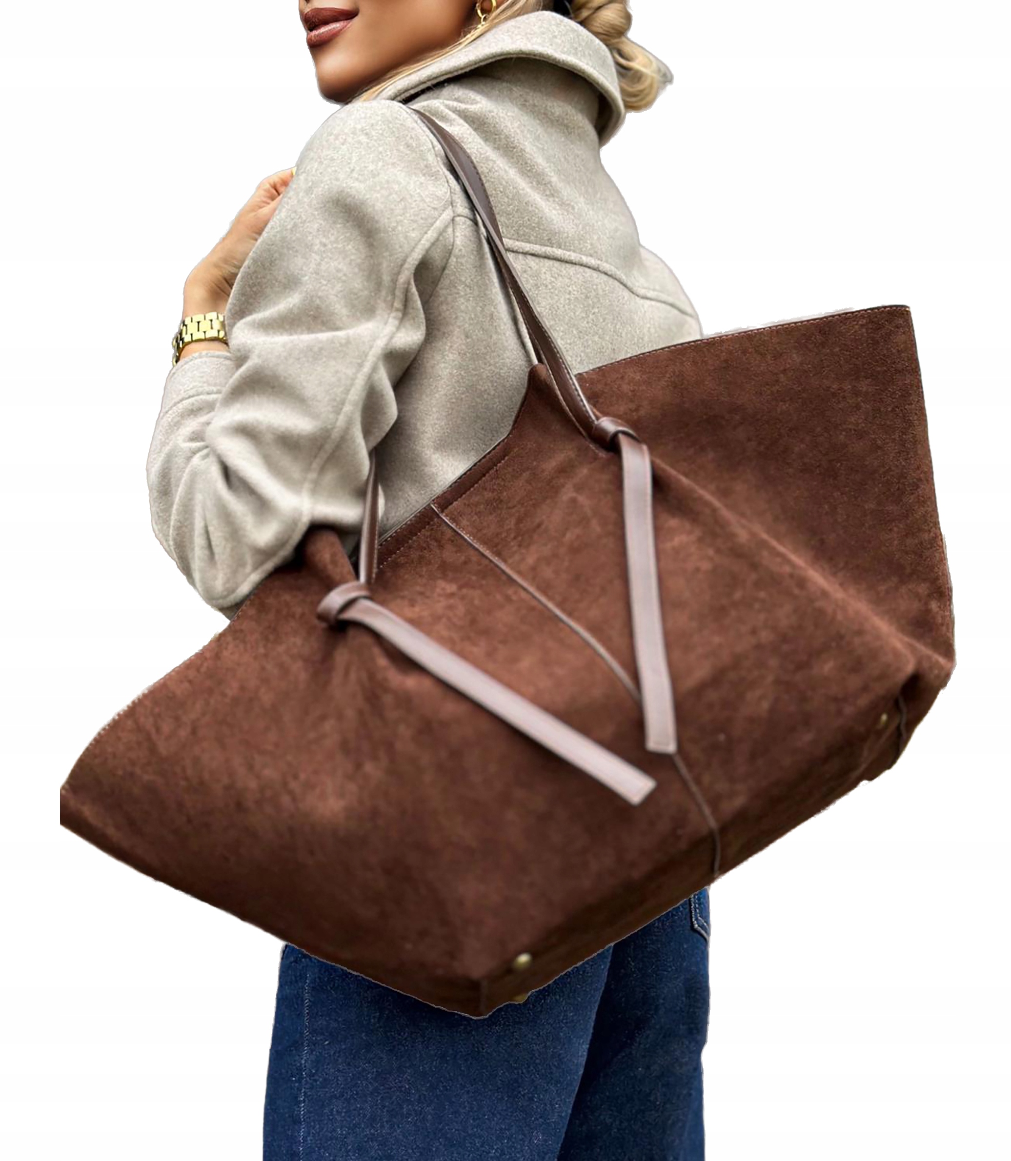 Čokoládová semišová velká dámská kabelka Shopper přes rameno prostorná A4