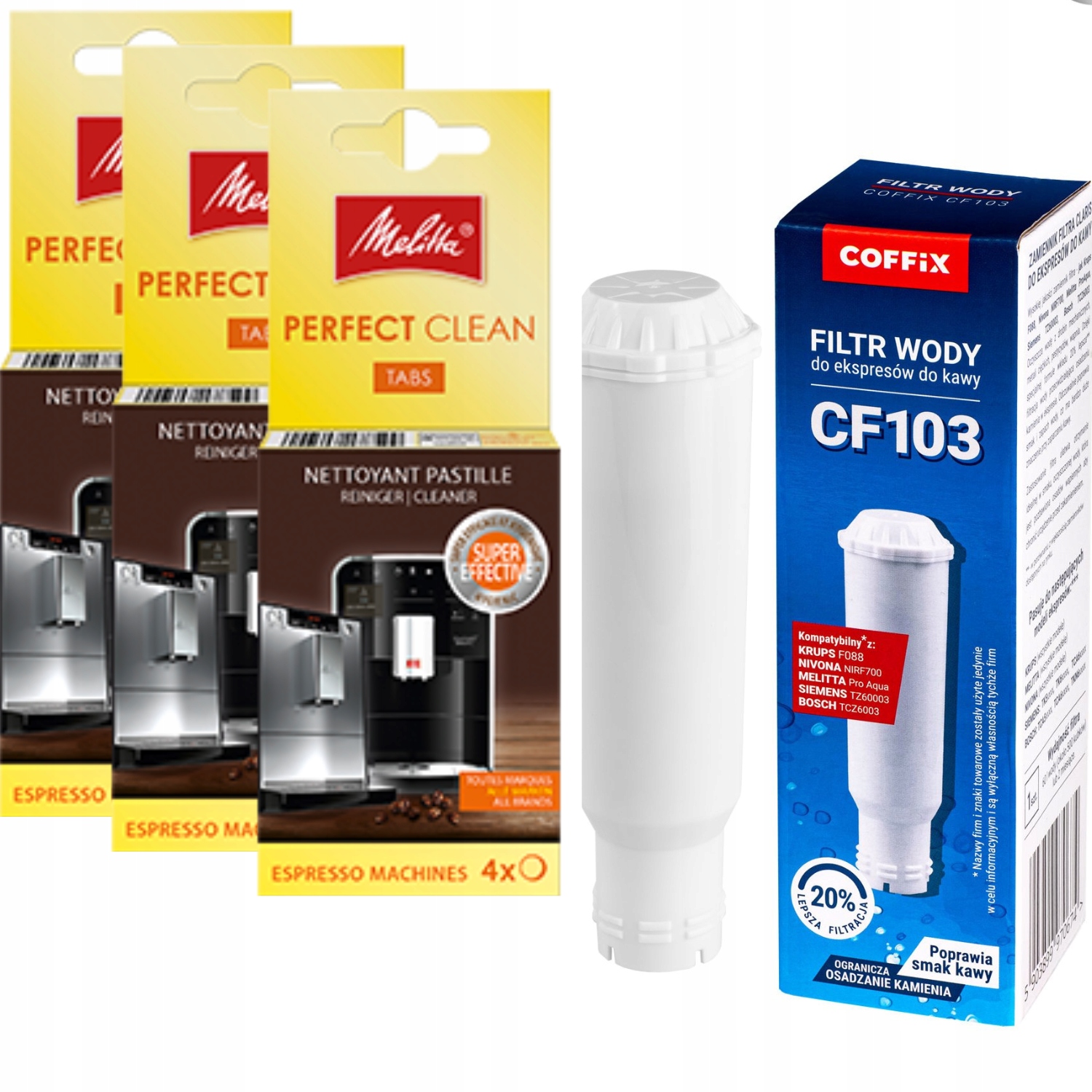 Zestaw Melitta filtr Coffix CF103, tabletki Pefect Clean 4szt-3pak