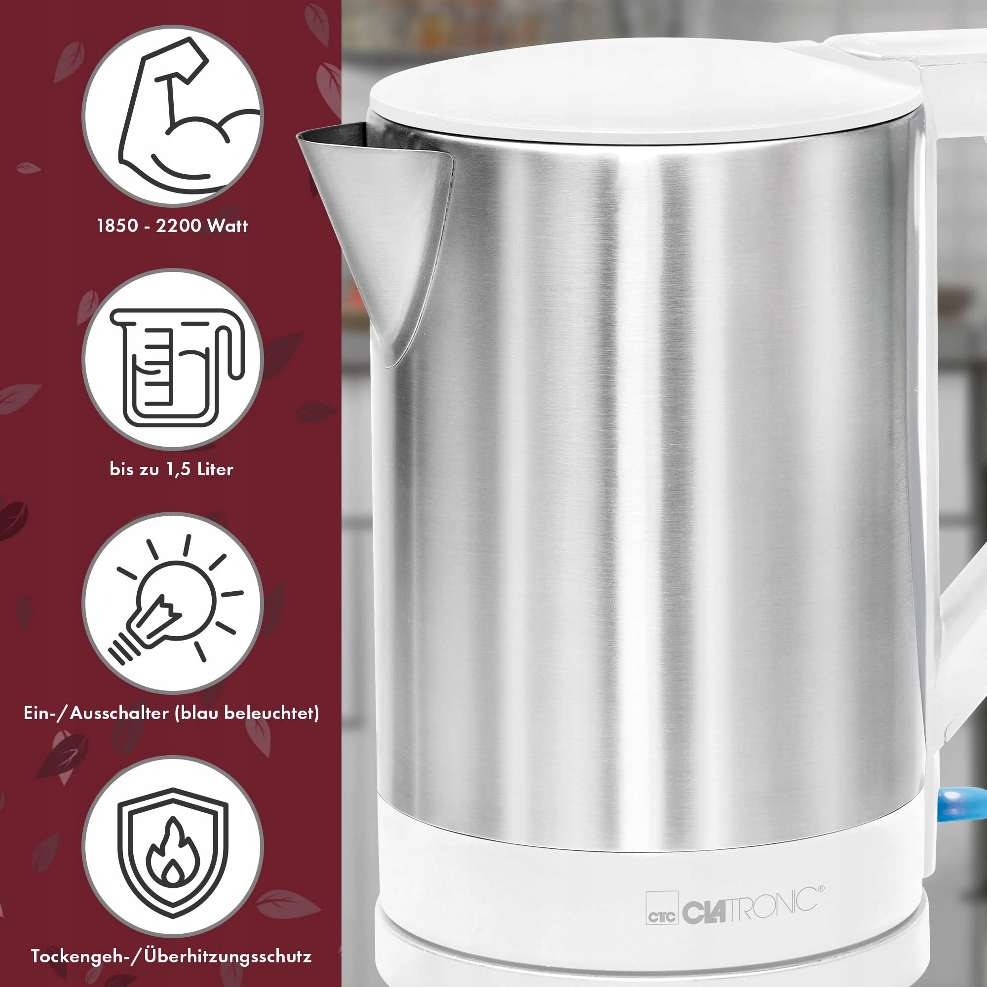 CLATRONIC Czajnik Elektryczny 1.5L 2200W Automatyczne Wyłączanie Biały Inox — miniatura 2