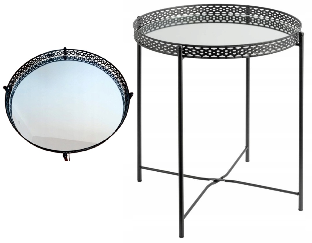 Kávový Stolek Kulatý Glamour Černý Se Zrcadlem Stůl Loft Deska Zrcadlo