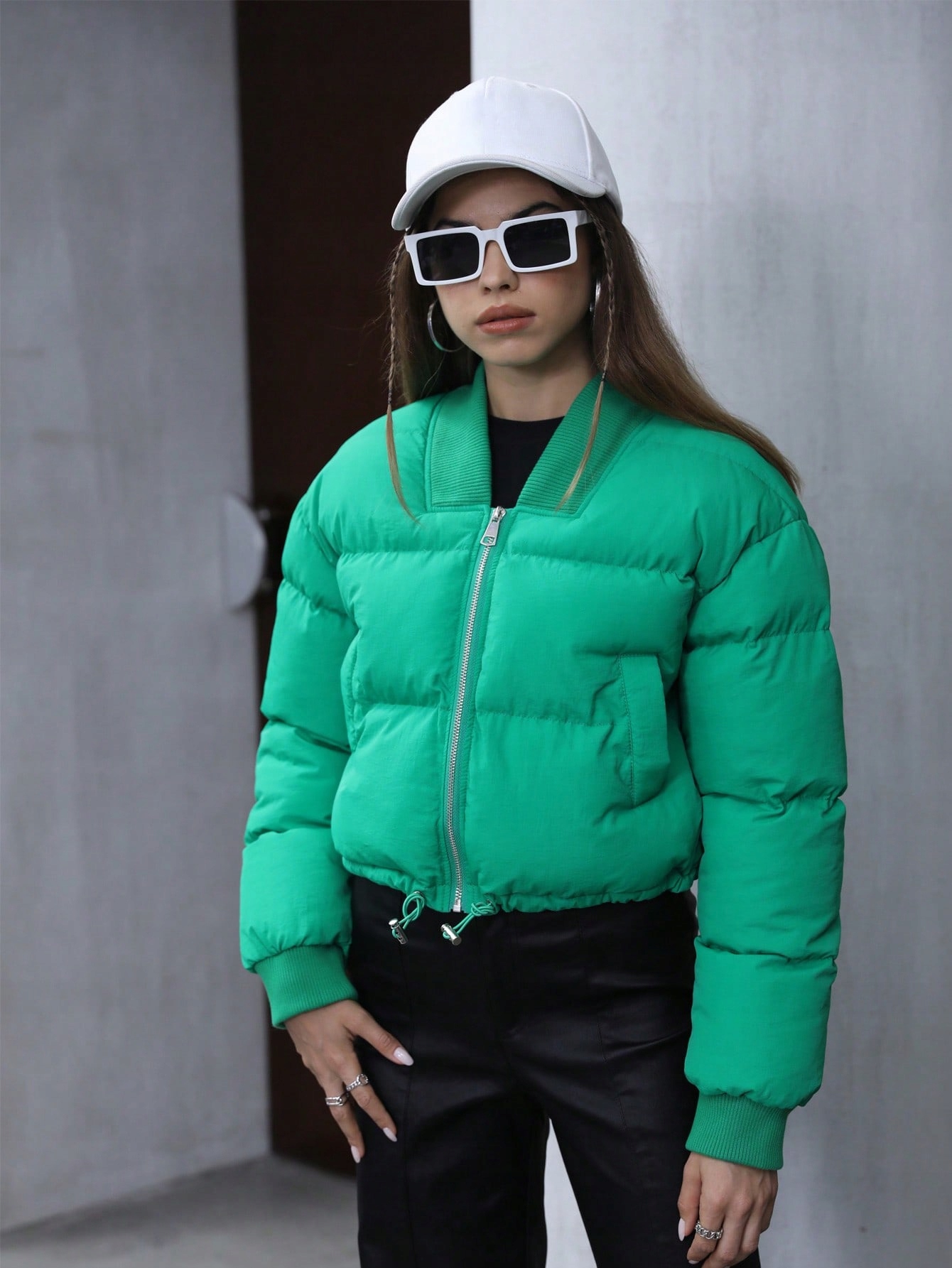 Zimní Bunda Péřová Krátká Prošívaná Zelená Casual Shein XL 42